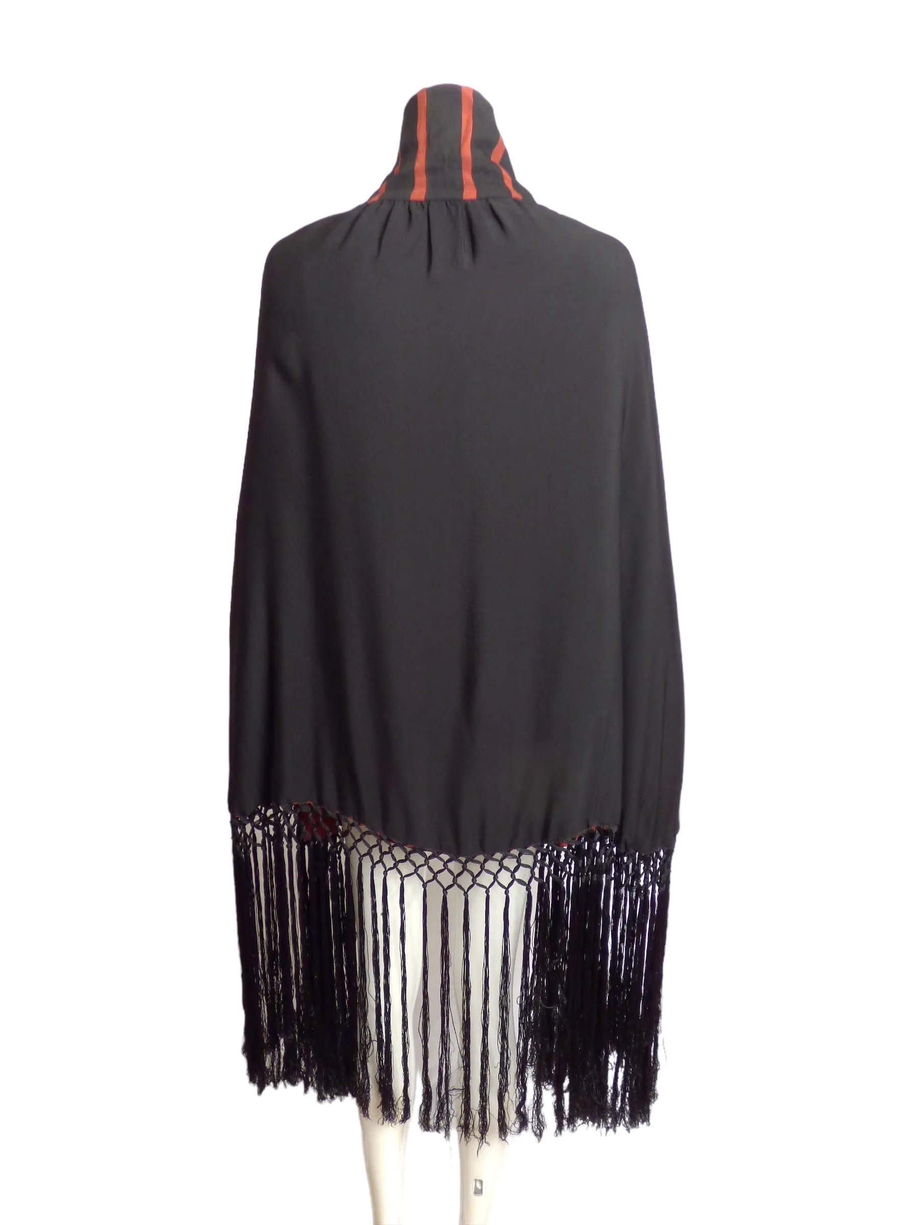 1920s AS IS Black & Orange Silk Fringe Cape-Small