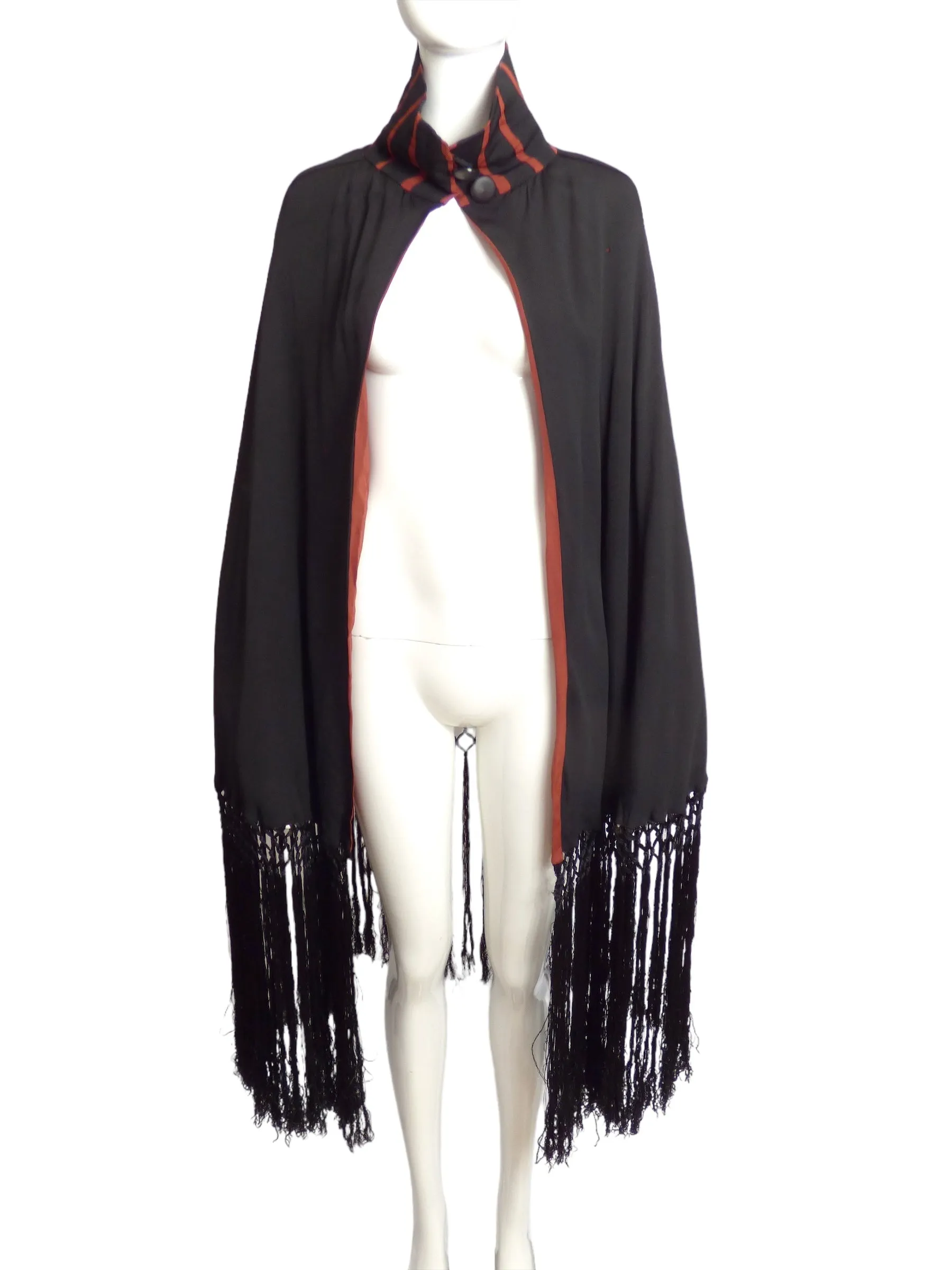 1920s AS IS Black & Orange Silk Fringe Cape-Small