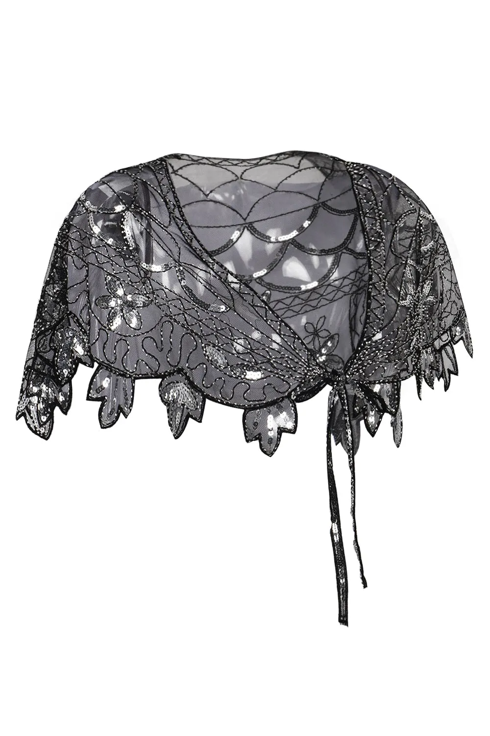 1920s Black Flower Sequin Women Cape