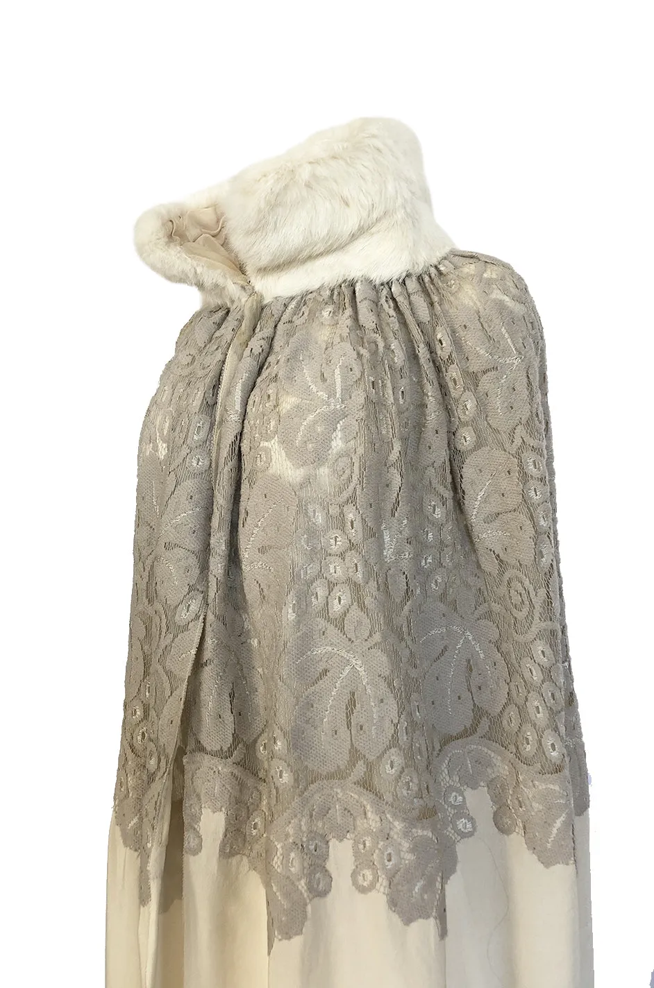 1920s Vogue Company Netted Chenille Lace on Ivory Silk Flapper Cape