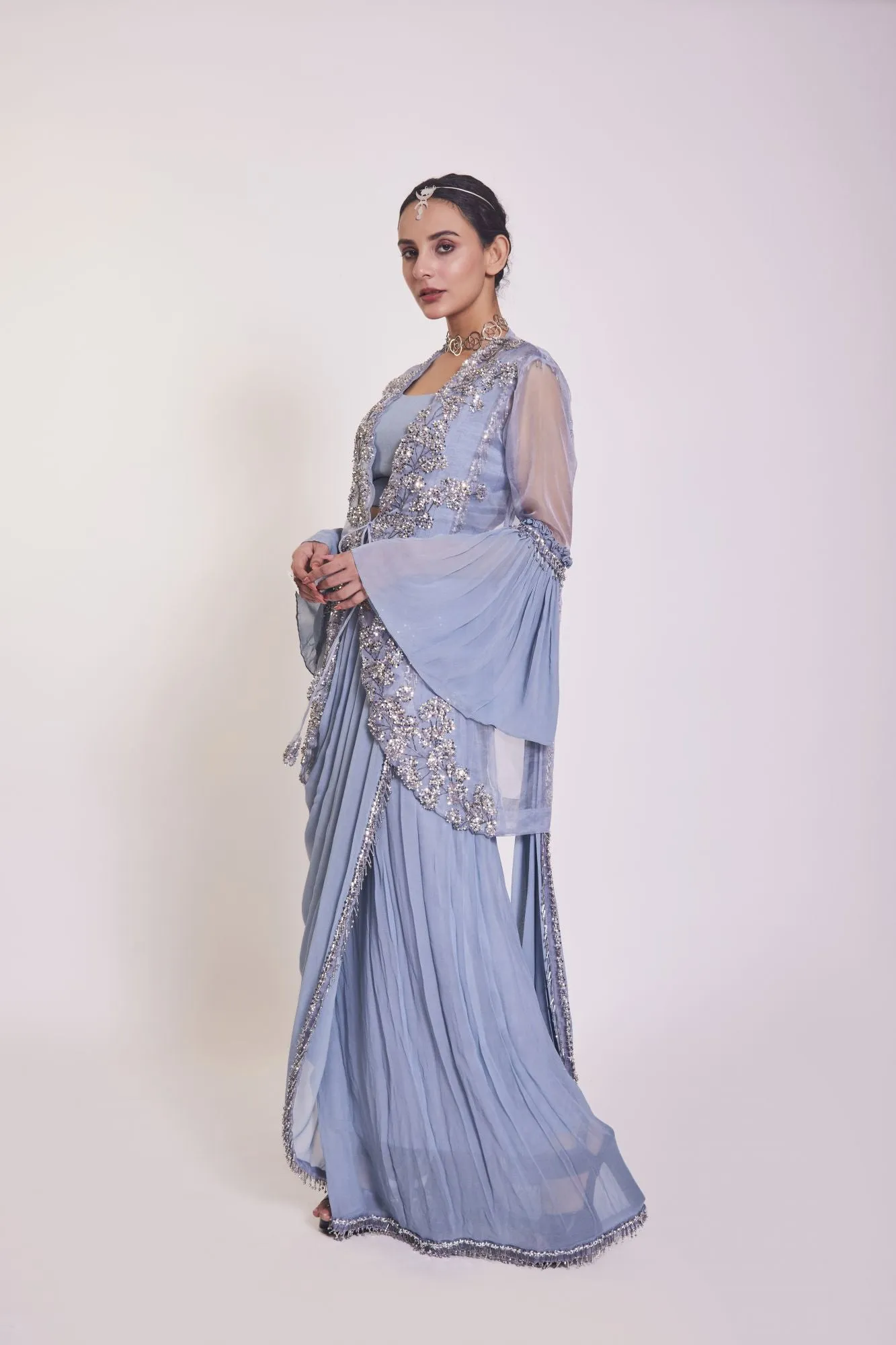 90Z908-RO Blue Georgette Saree With Ruffled Sleeved Cape