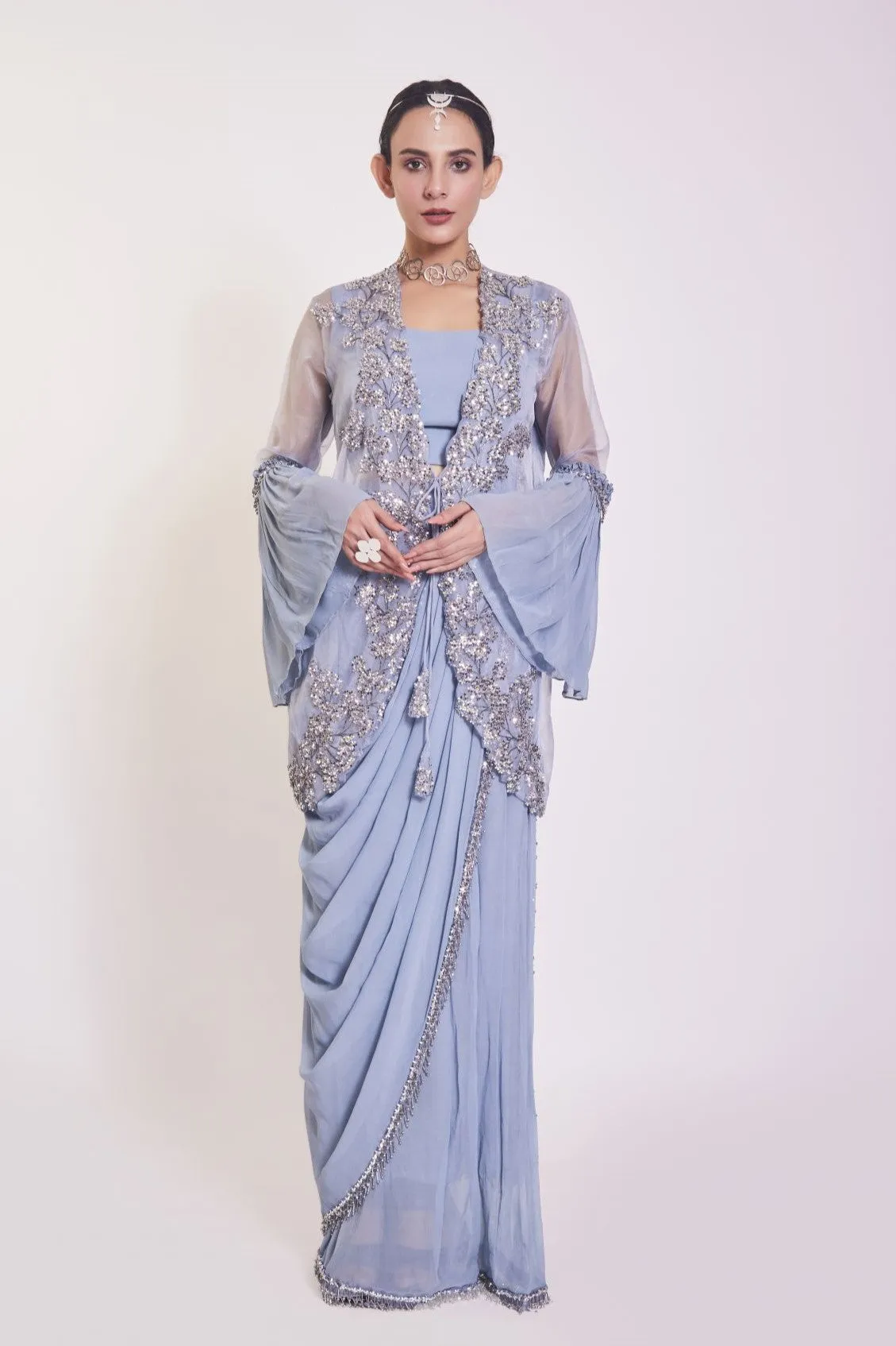 90Z908-RO Blue Georgette Saree With Ruffled Sleeved Cape