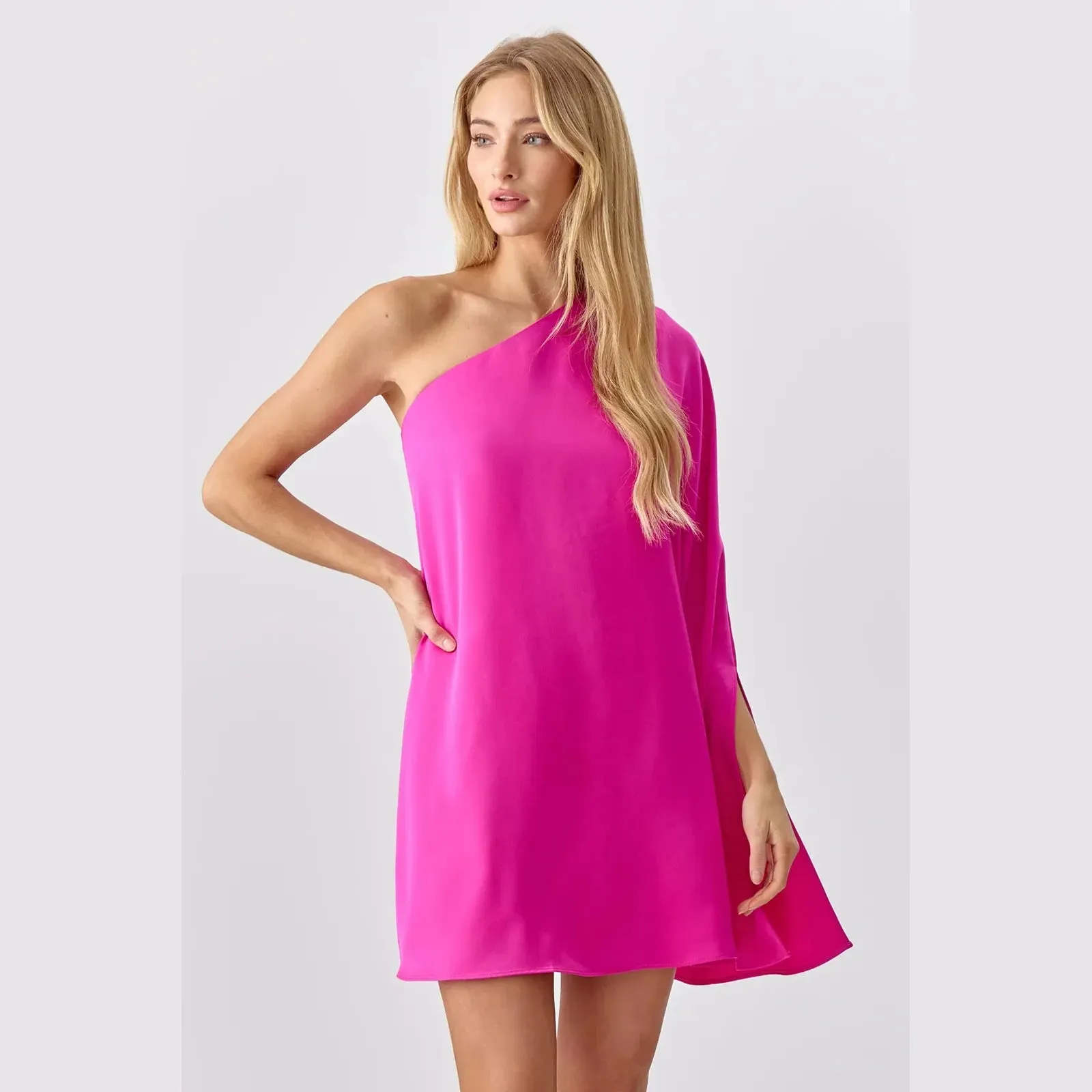 Adelyn Rae Cameron One Shoulder Cape Dress