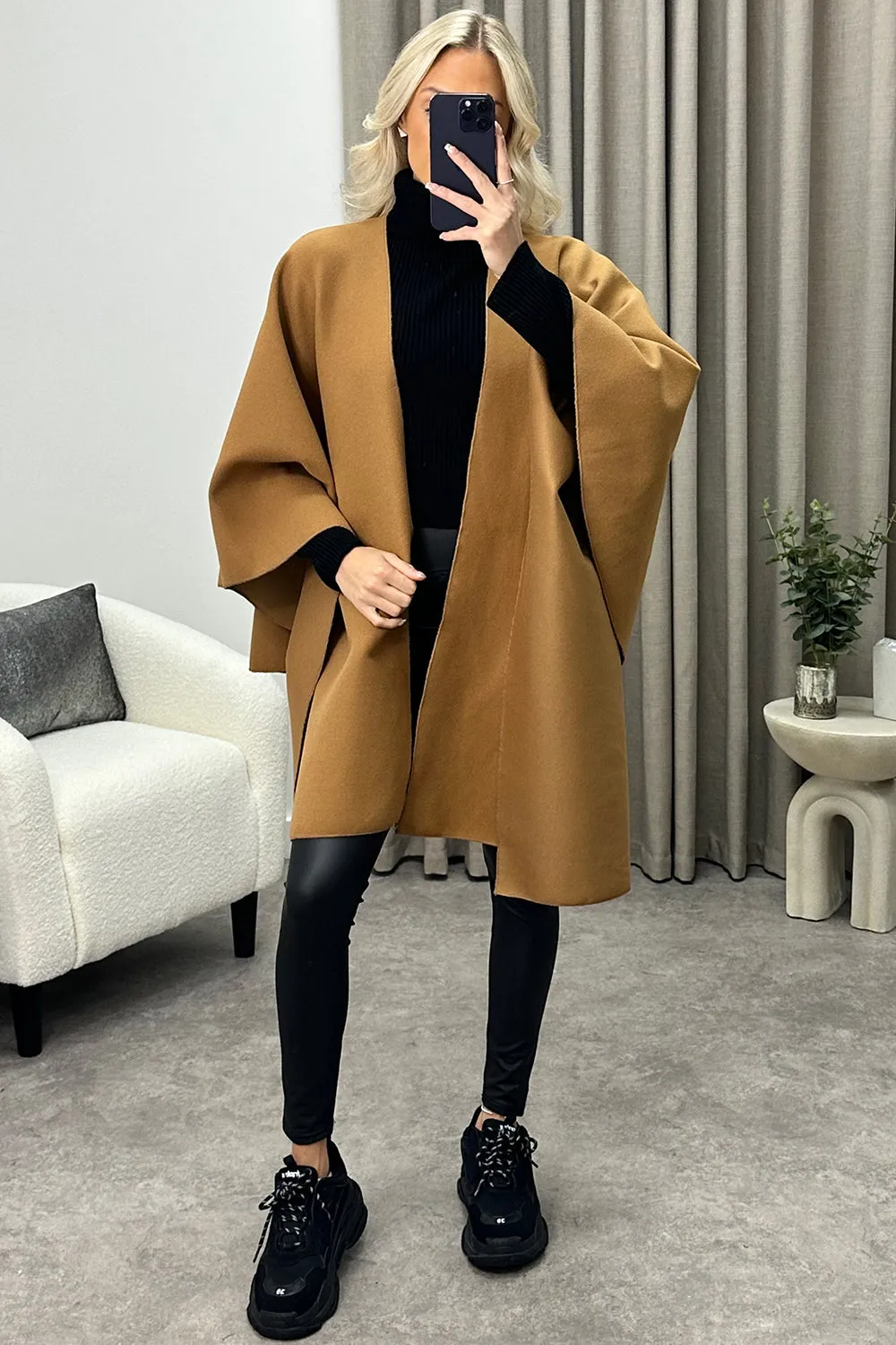 Andra Dark Beige Wool Look Pull Through Cape