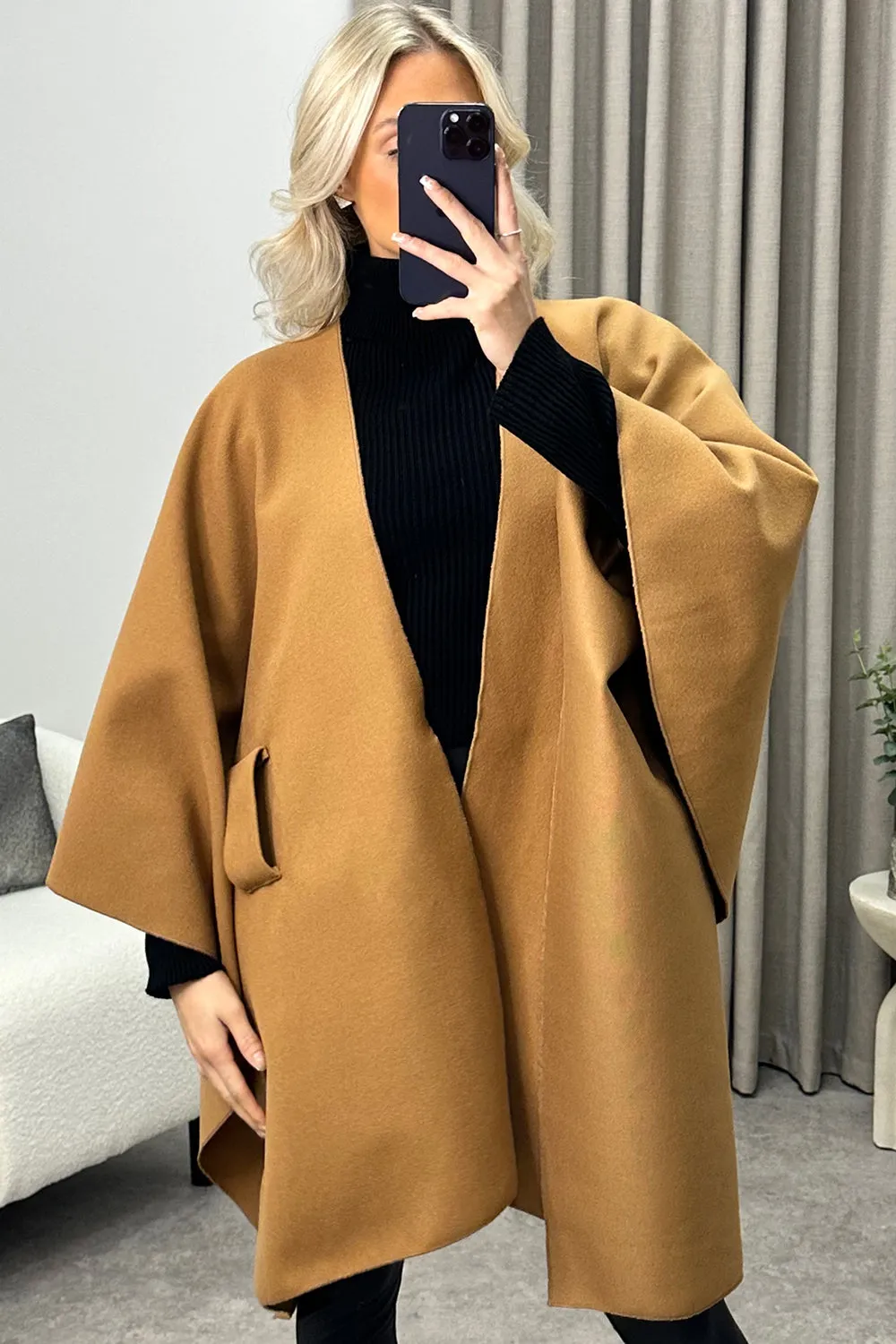 Andra Dark Beige Wool Look Pull Through Cape