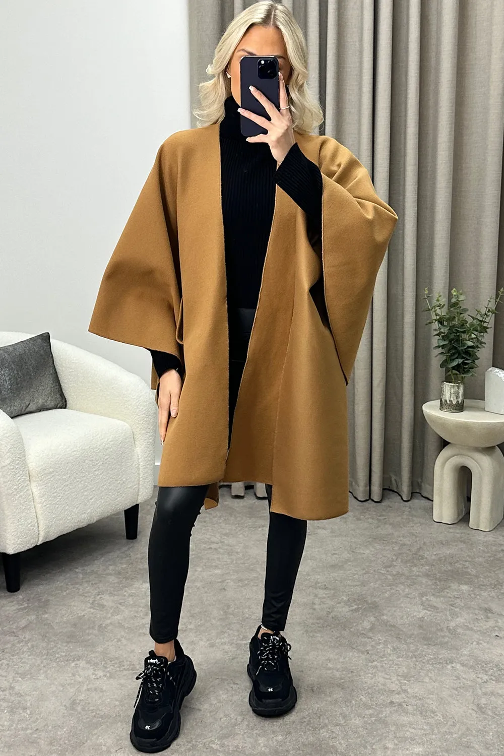 Andra Dark Beige Wool Look Pull Through Cape