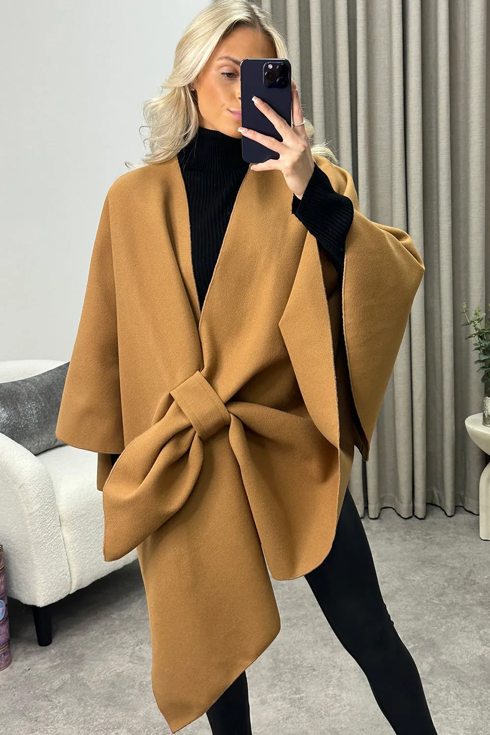 Andra Dark Beige Wool Look Pull Through Cape