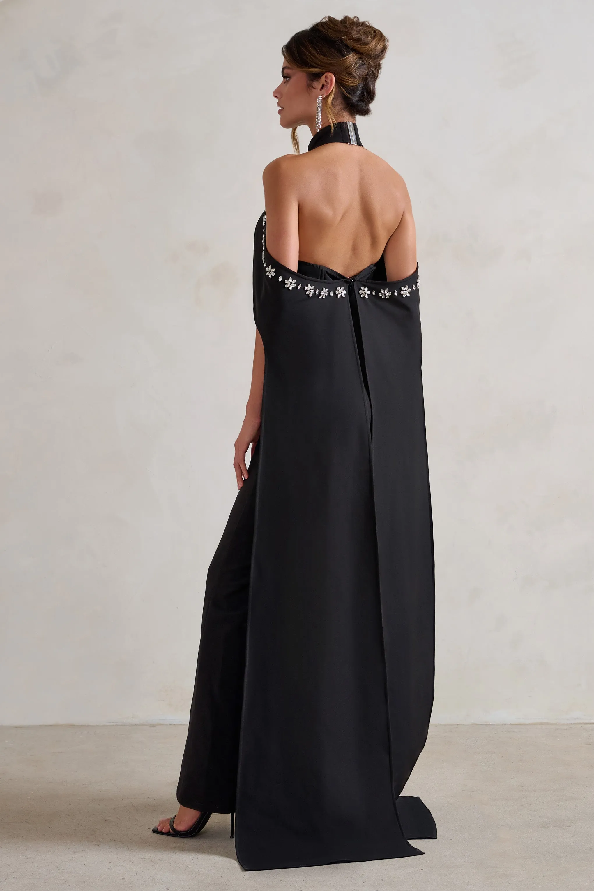 Angel | Black High Neck Jumpsuit with Cold Shoulder Cape Sleeves