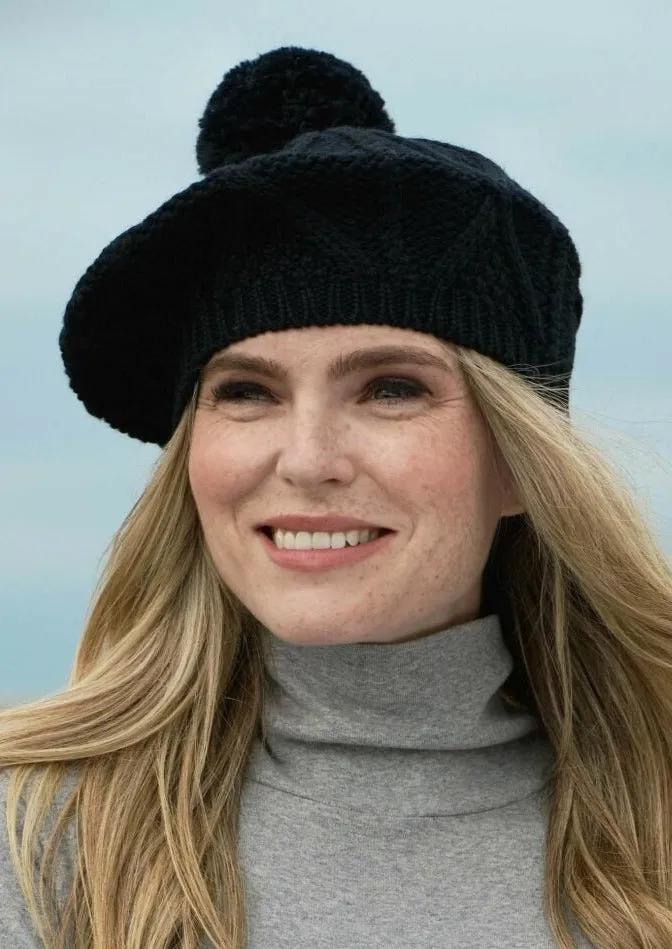 Aran Merino Wool Beret Hat | Black