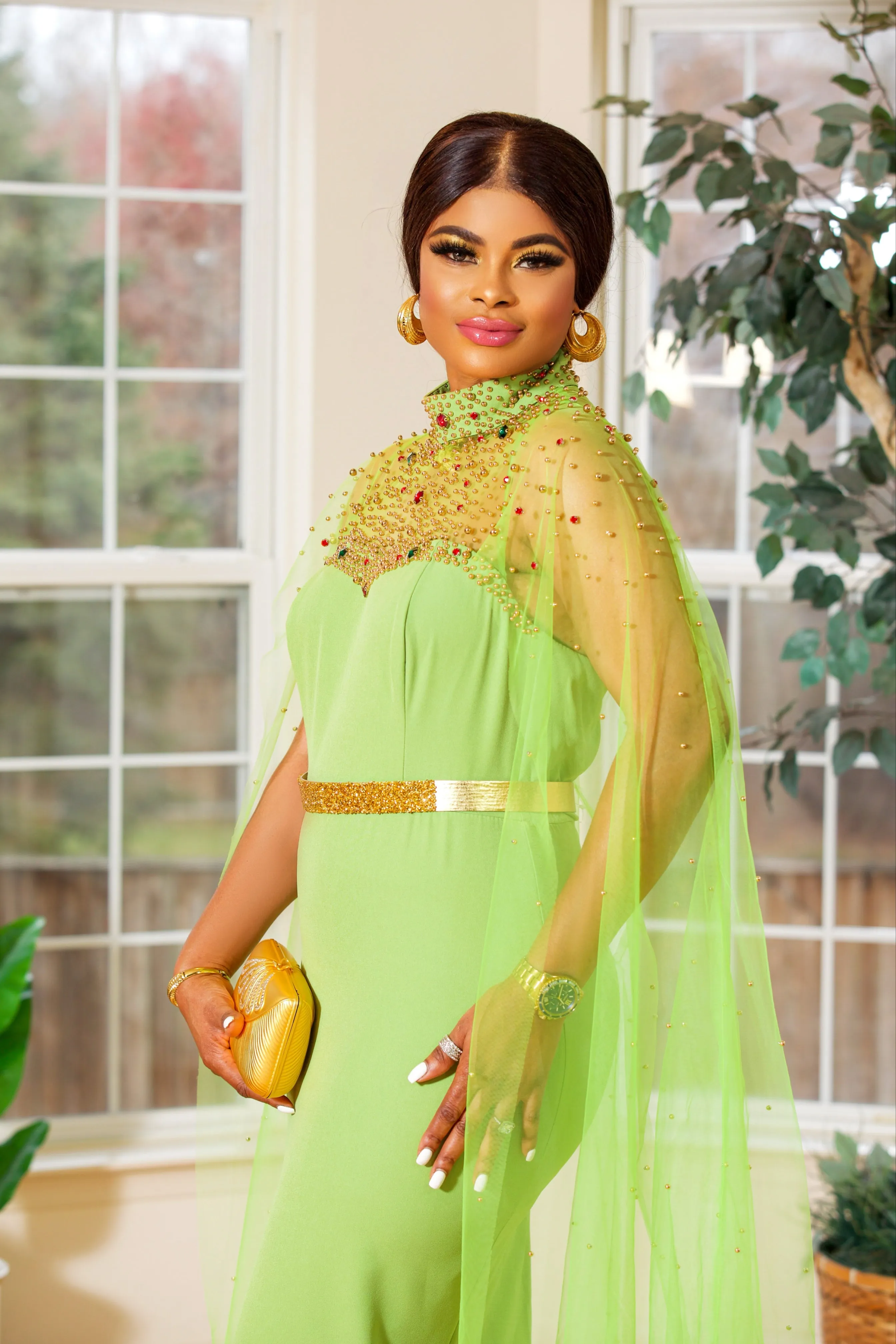 Beaded cape belted maxi dress(LEMON)