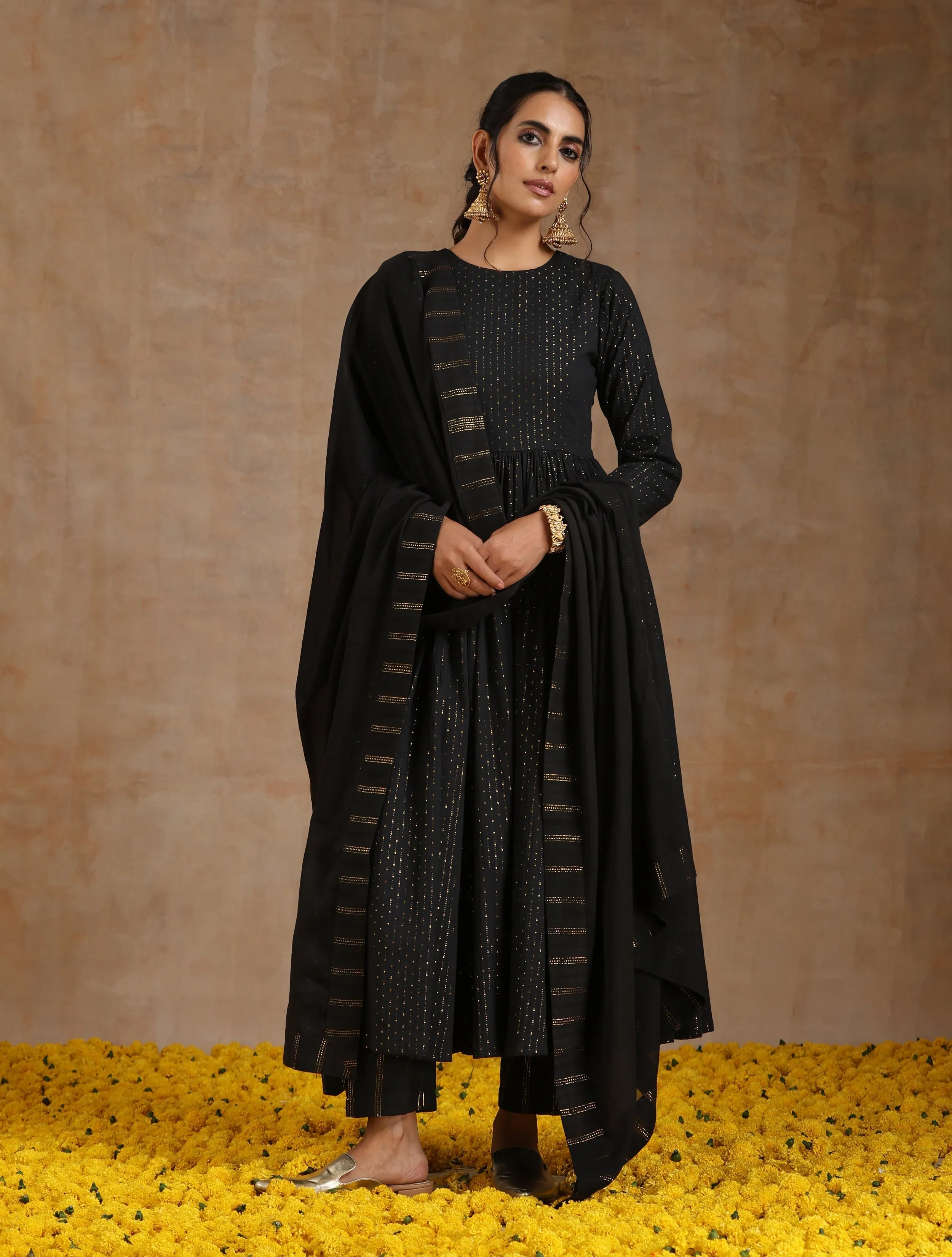 Black Gold Cotton Anarkali Set