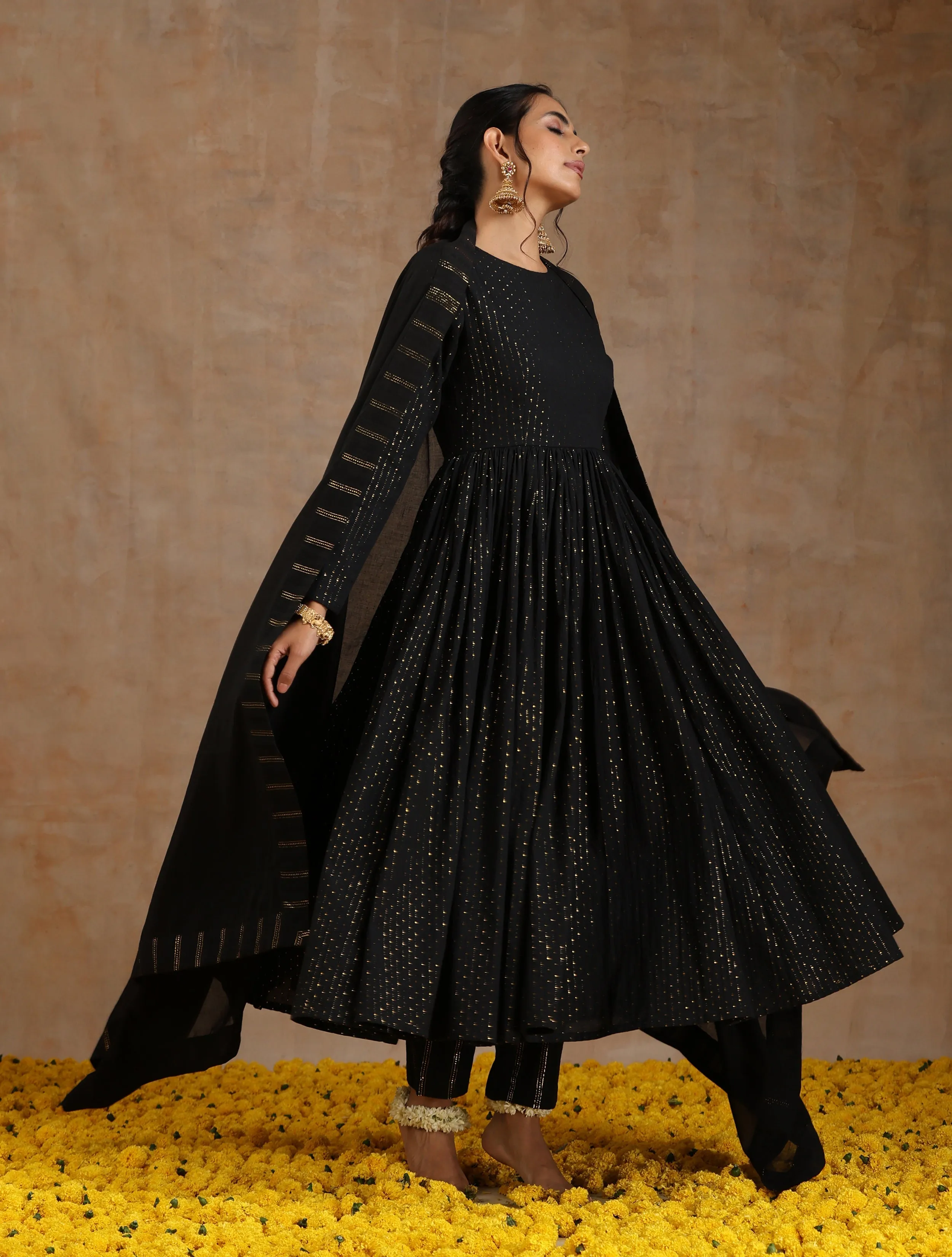 Black Gold Cotton Anarkali Set