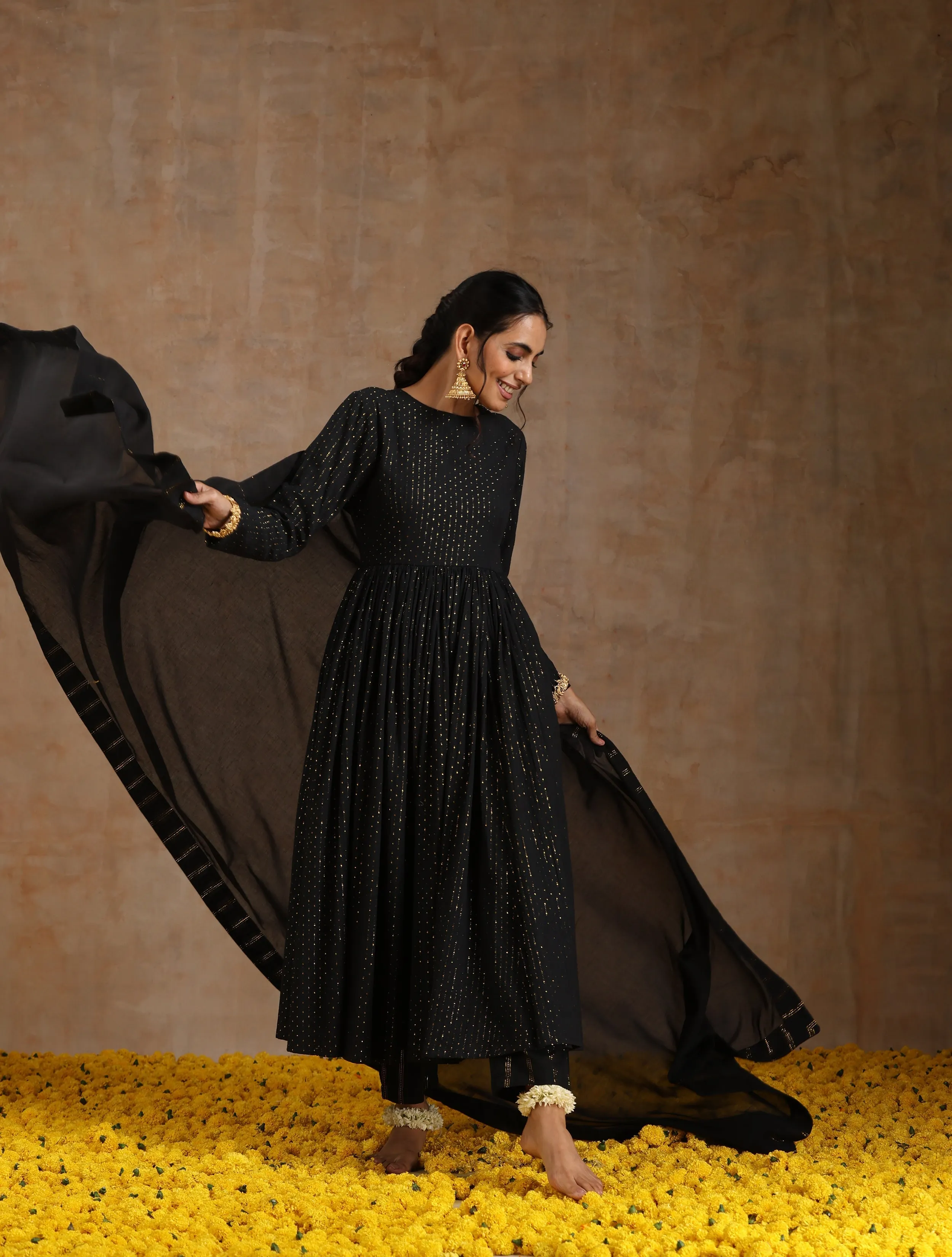 Black Gold Cotton Anarkali Set