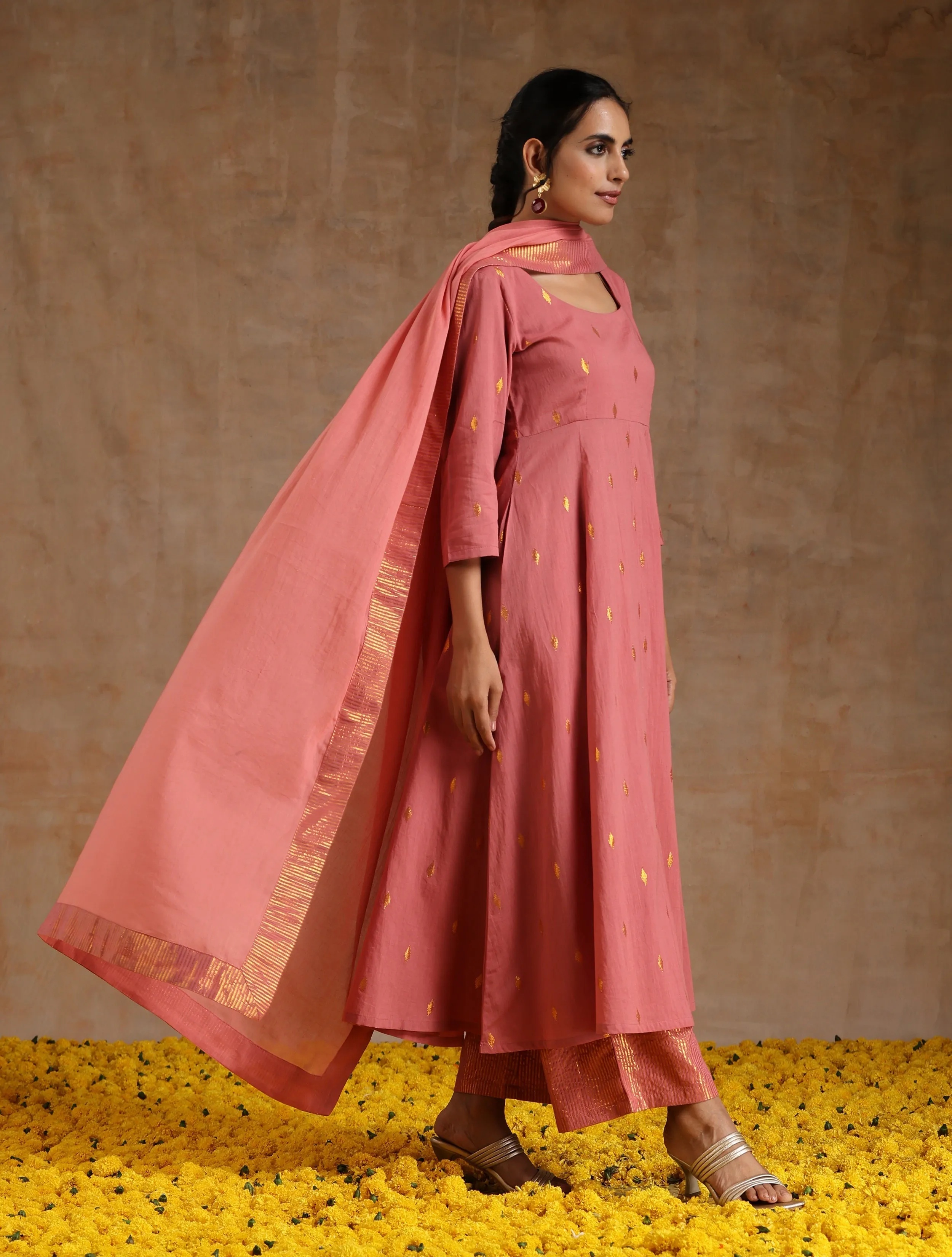 Blush Gold Cotton Anarkali Set