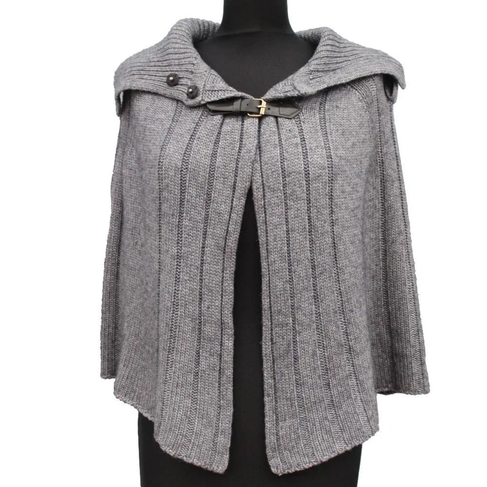 Cable Knit Cape with Leather Strap - Grey