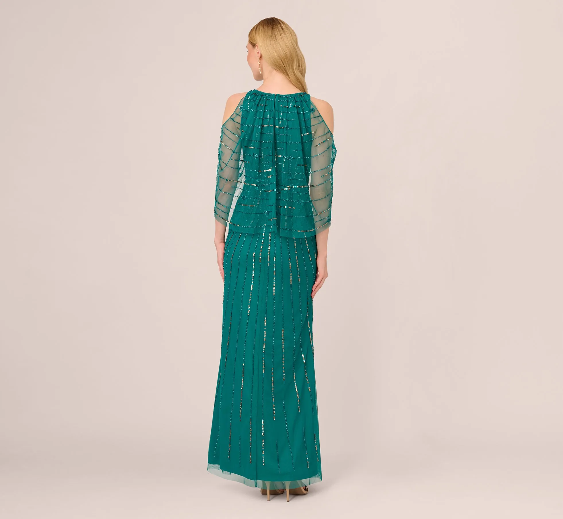 Cold Shoulder Beaded Cape Gown In Vivid Emerald