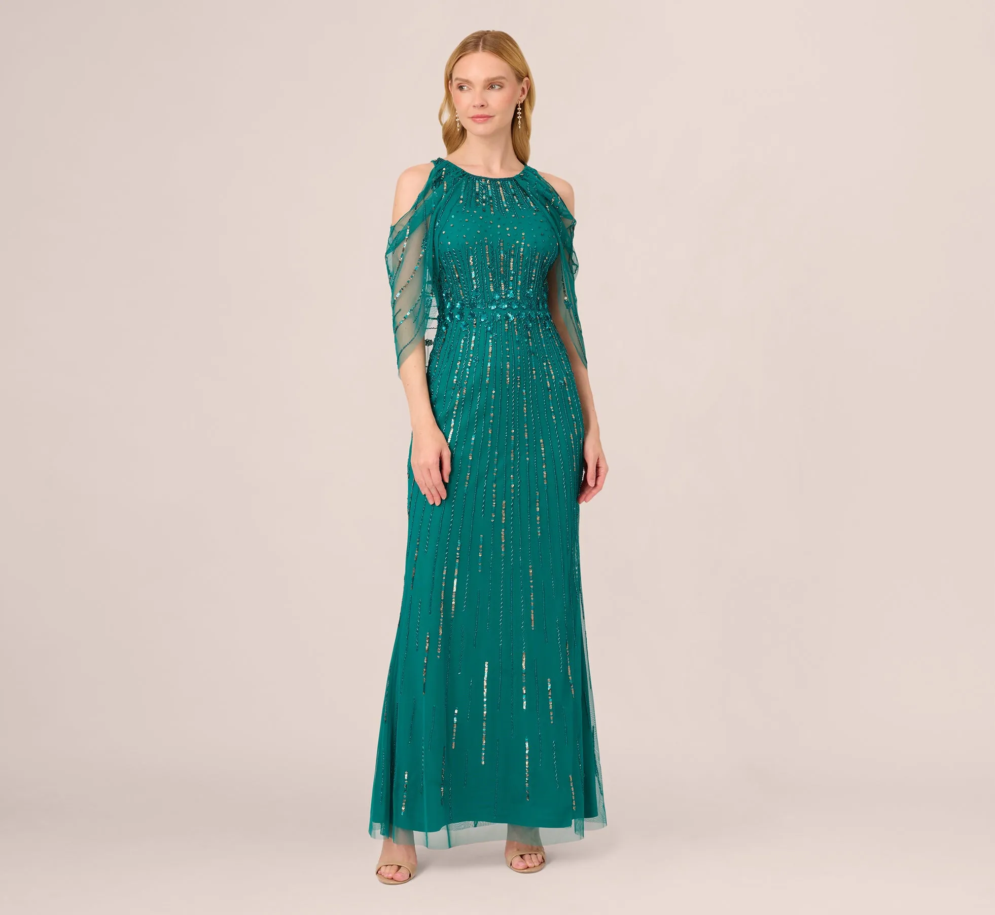 Cold Shoulder Beaded Cape Gown In Vivid Emerald