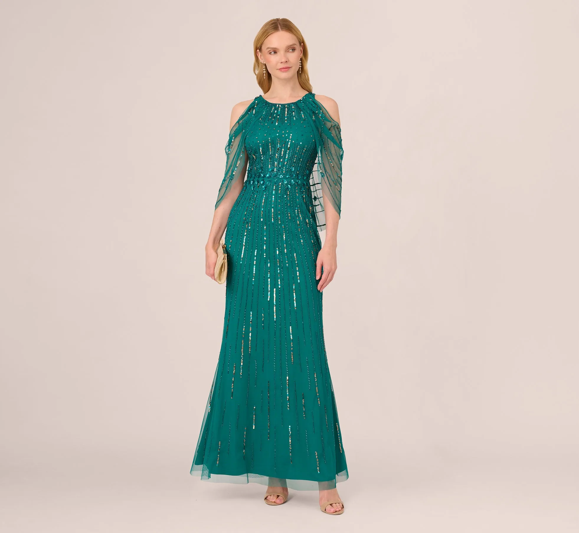 Cold Shoulder Beaded Cape Gown In Vivid Emerald