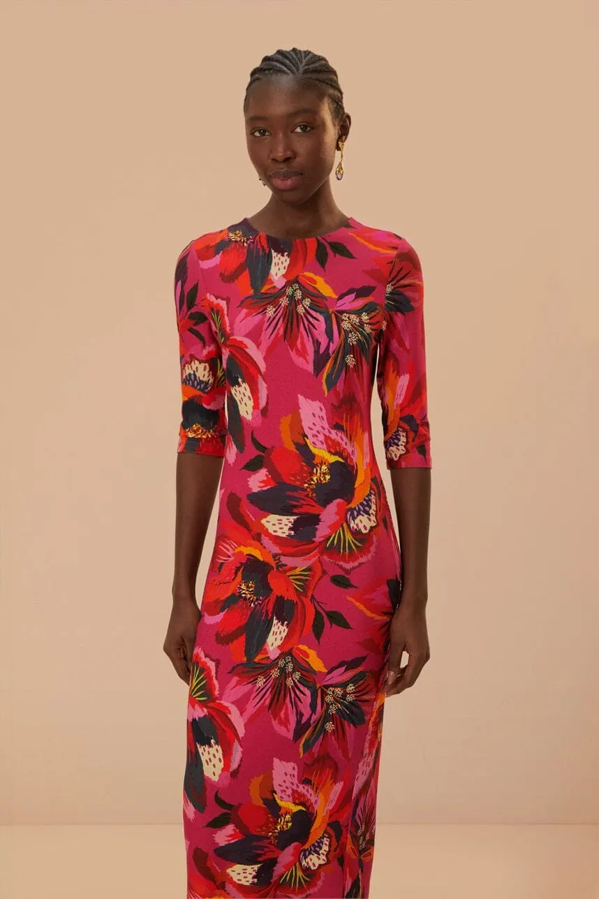 Colorful Flowers Jersey Midi Dress