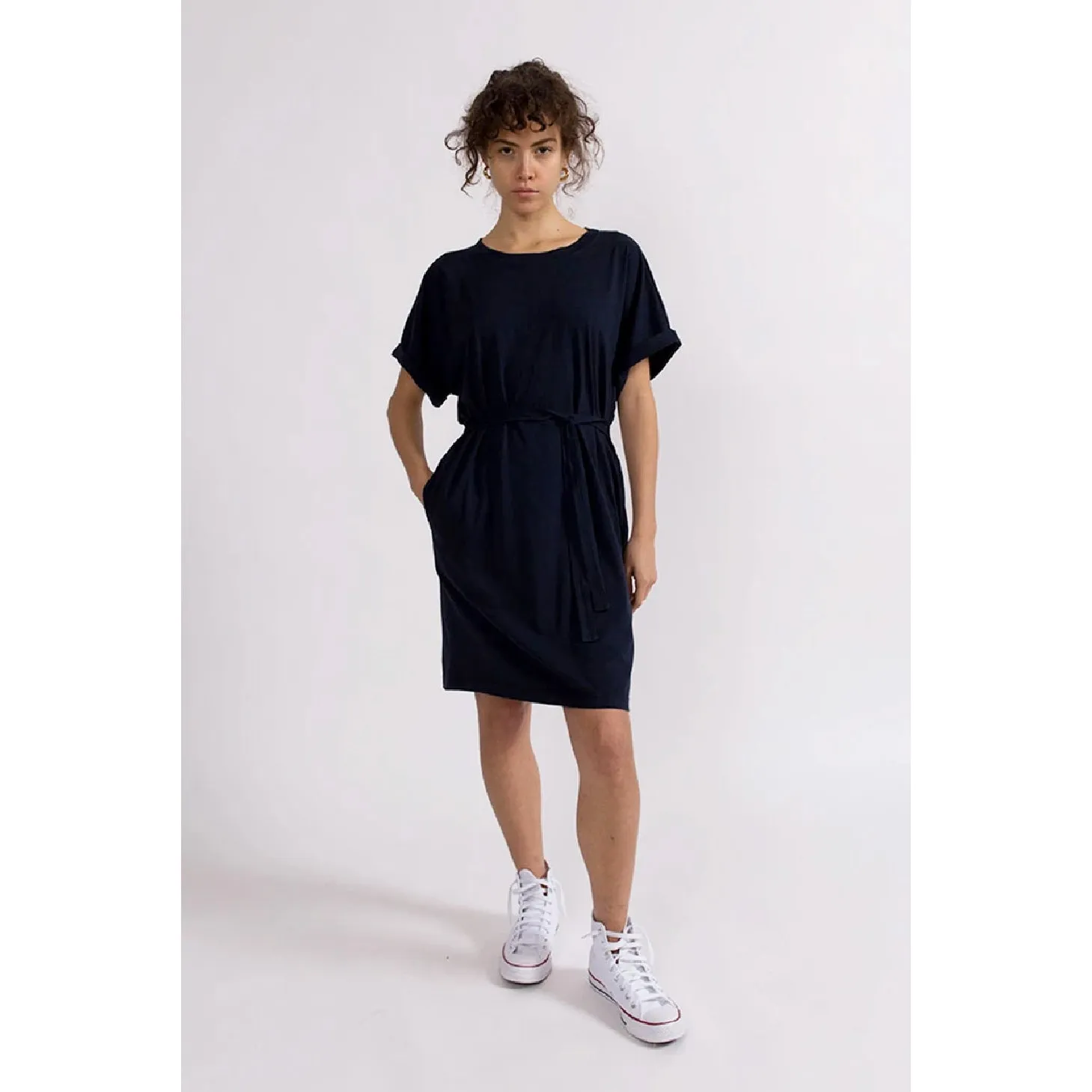 Cotton Jersey Tie Waist Dress- New Navy