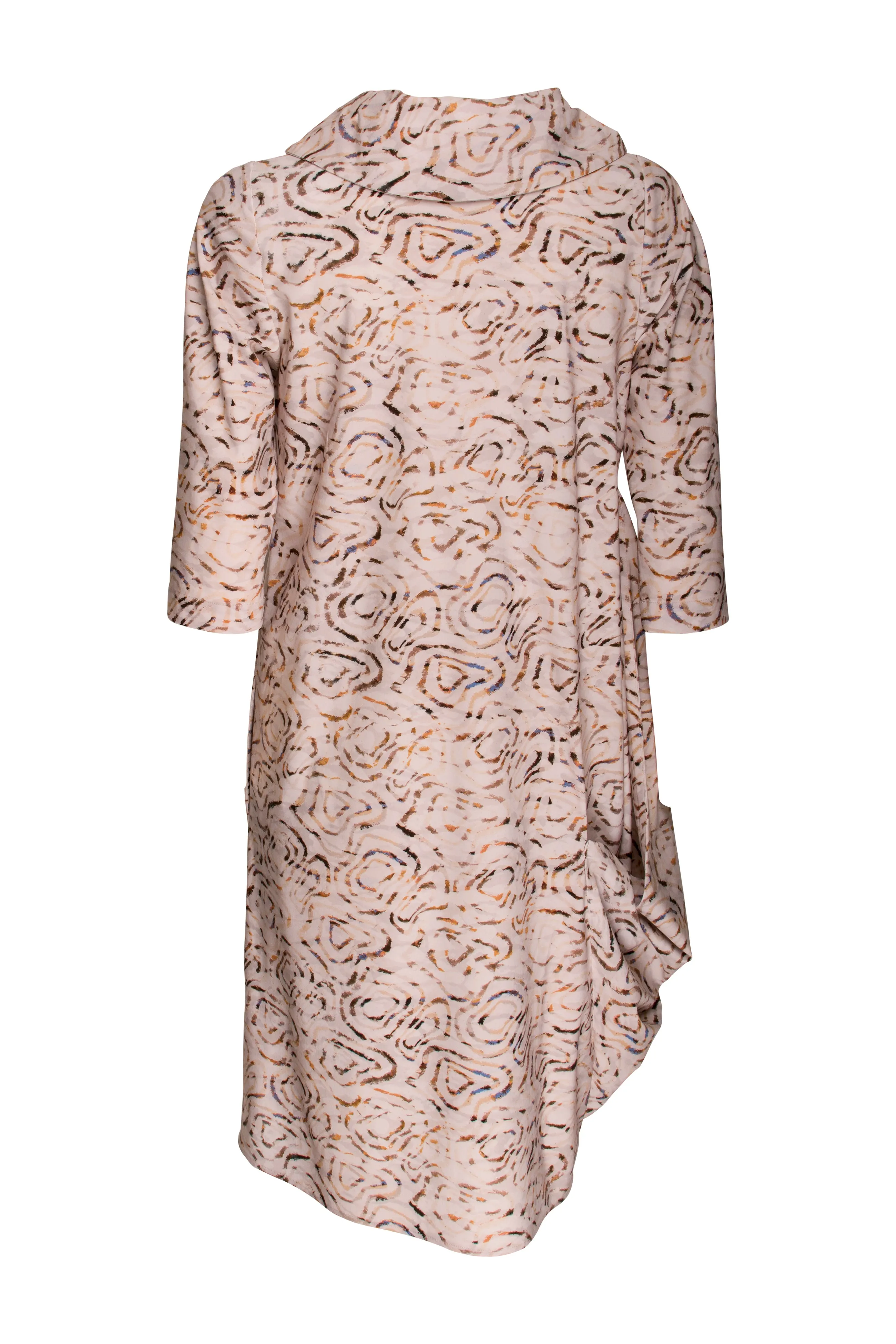 Cowl Neck 3/4 Sleeve Dress - Beige/Chocolate Print Jersey 4228