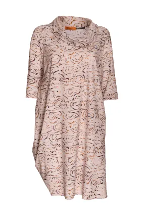 Cowl Neck 3/4 Sleeve Dress - Beige/Chocolate Print Jersey 4228