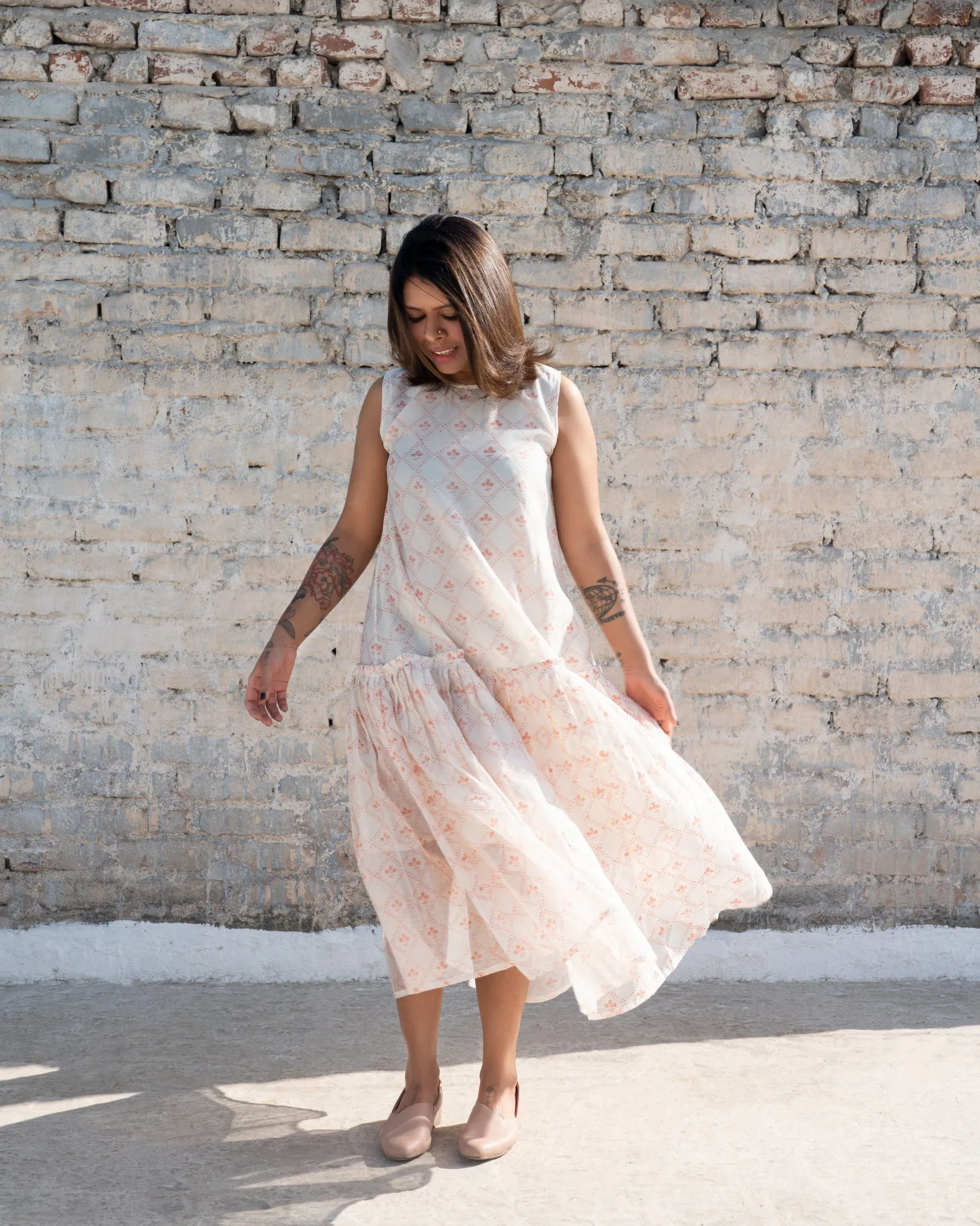 Dana Silk Cotton Hand printed Pleated Hem Dress