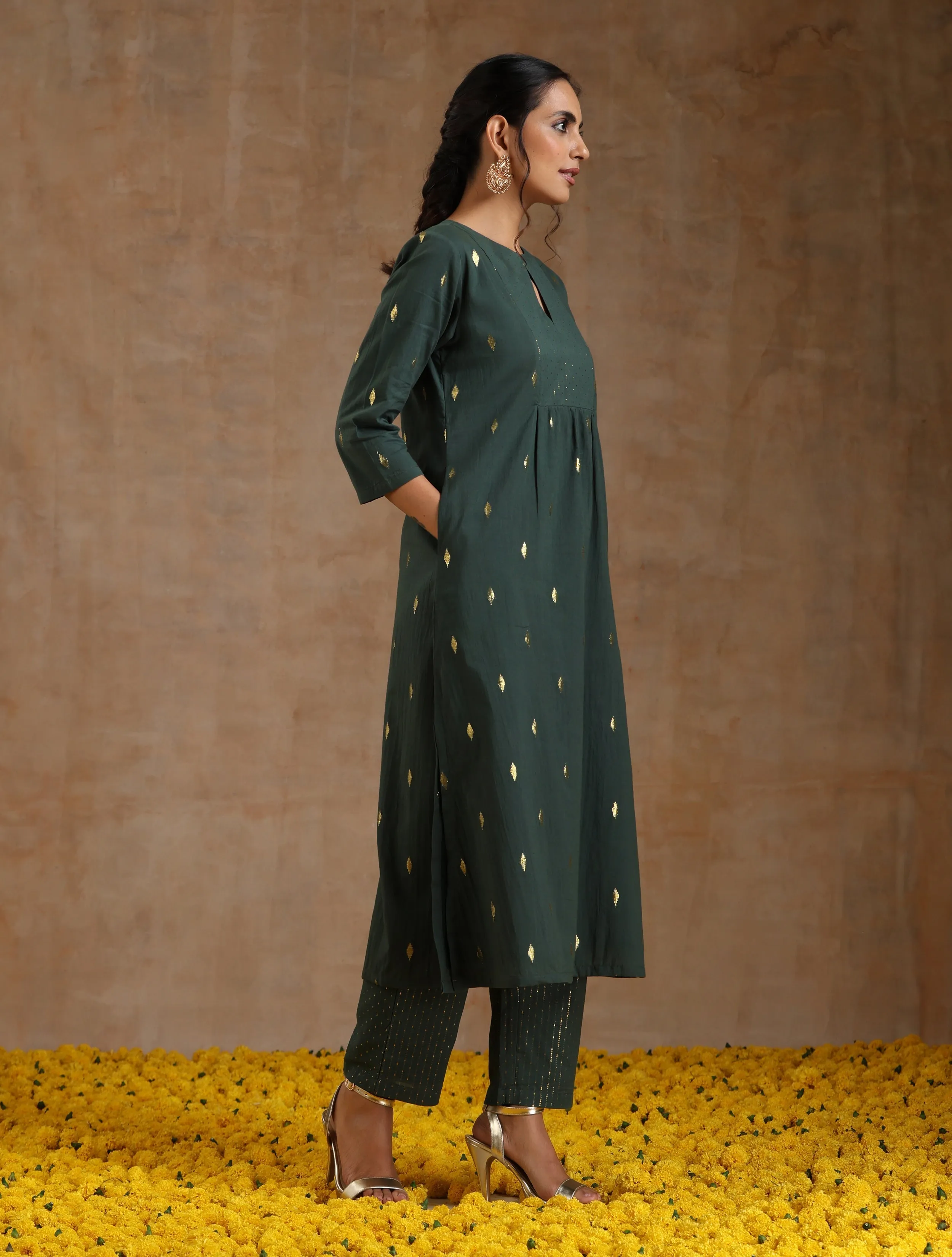 Dark Green Gold Cotton Yoke Kurta Set