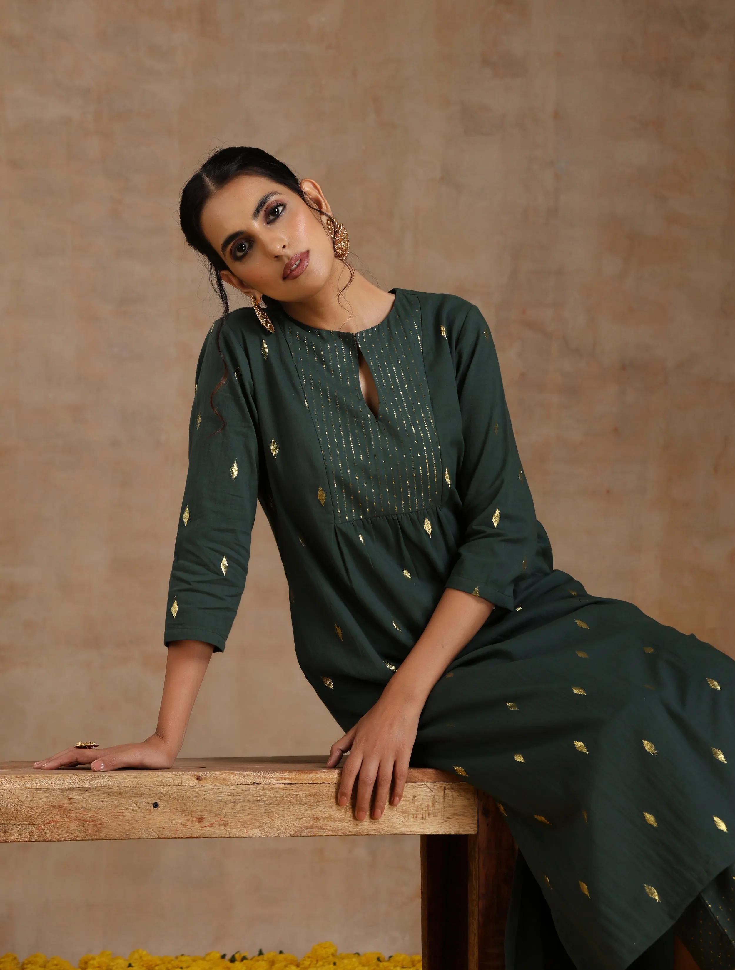 Dark Green Gold Cotton Yoke Kurta Set