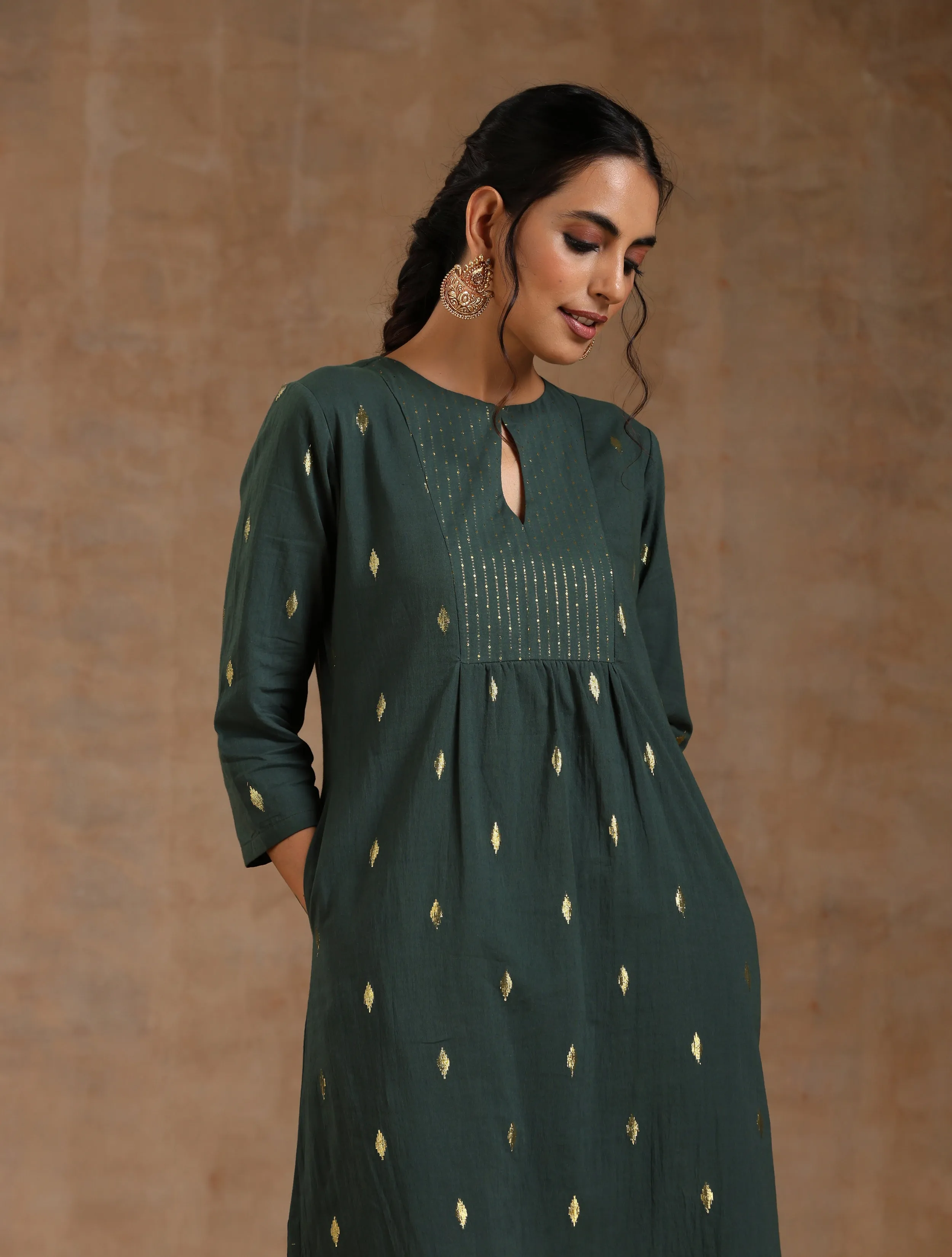 Dark Green Gold Cotton Yoke Kurta Set