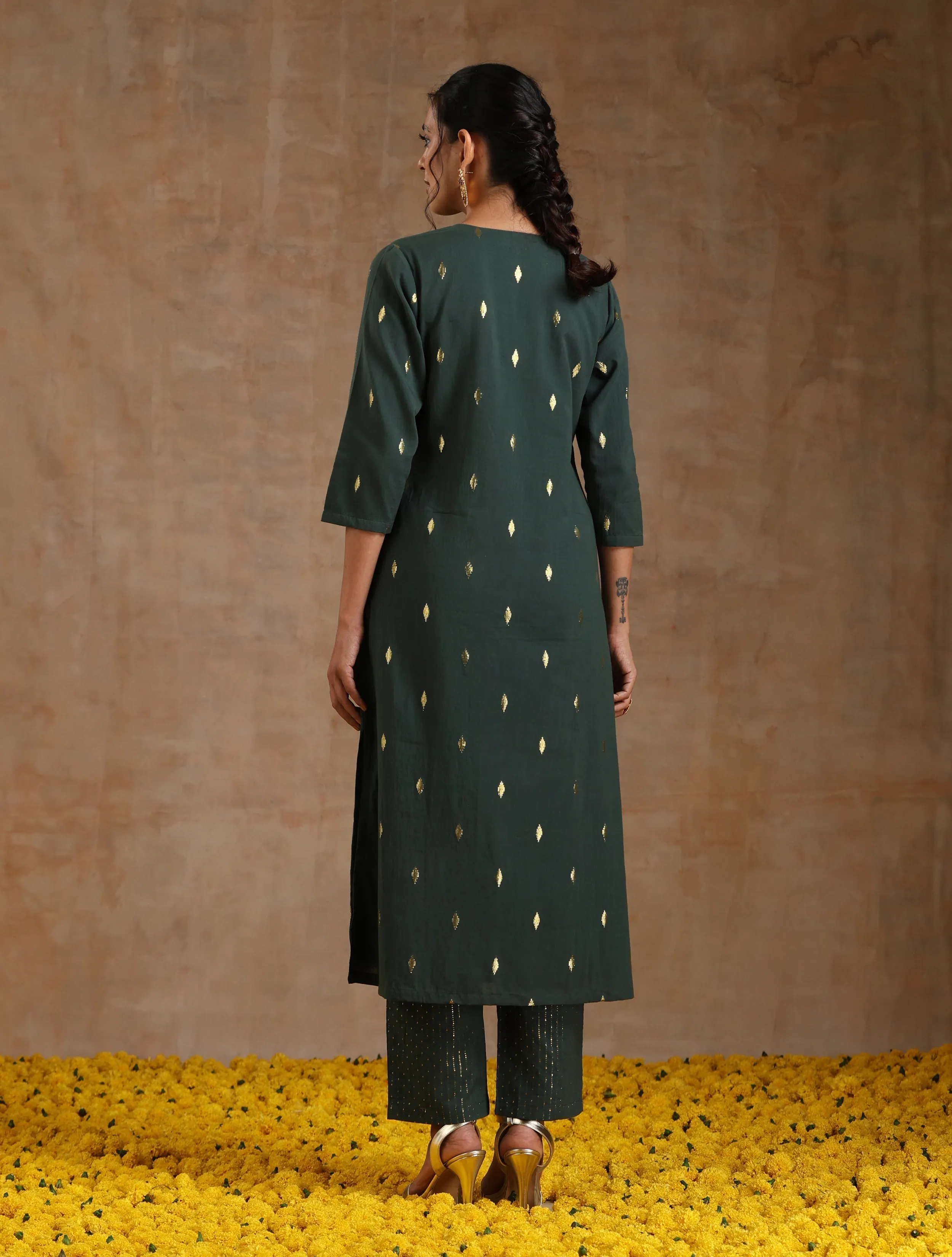 Dark Green Gold Cotton Yoke Kurta Set