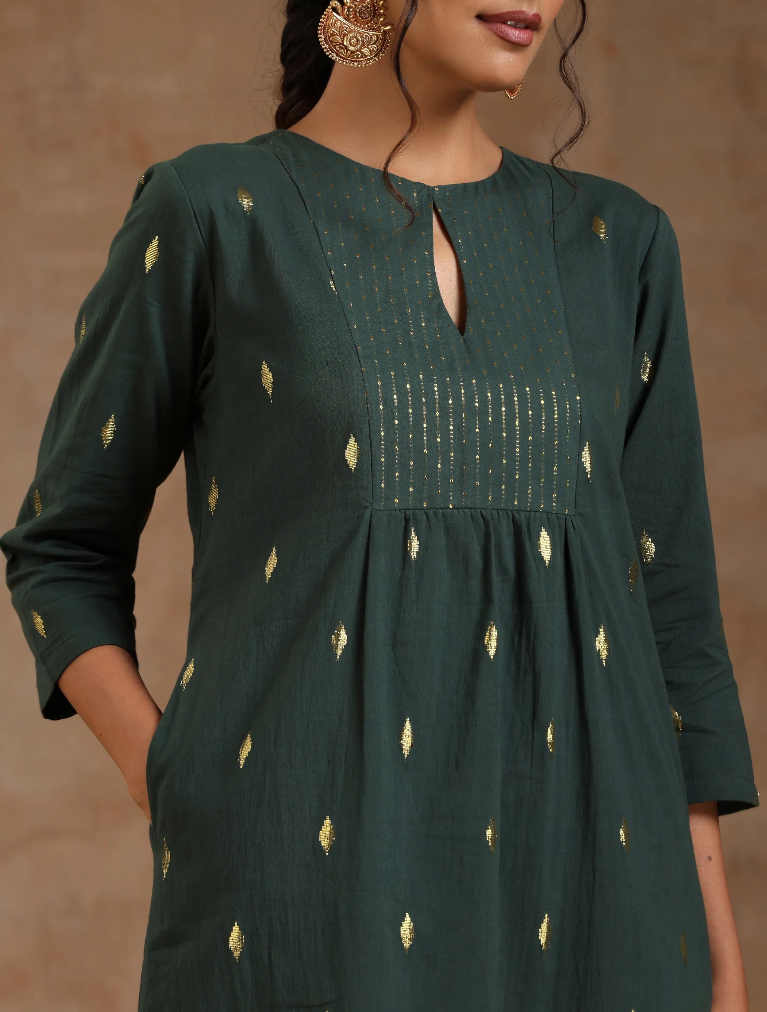 Dark Green Gold Cotton Yoke Kurta Set