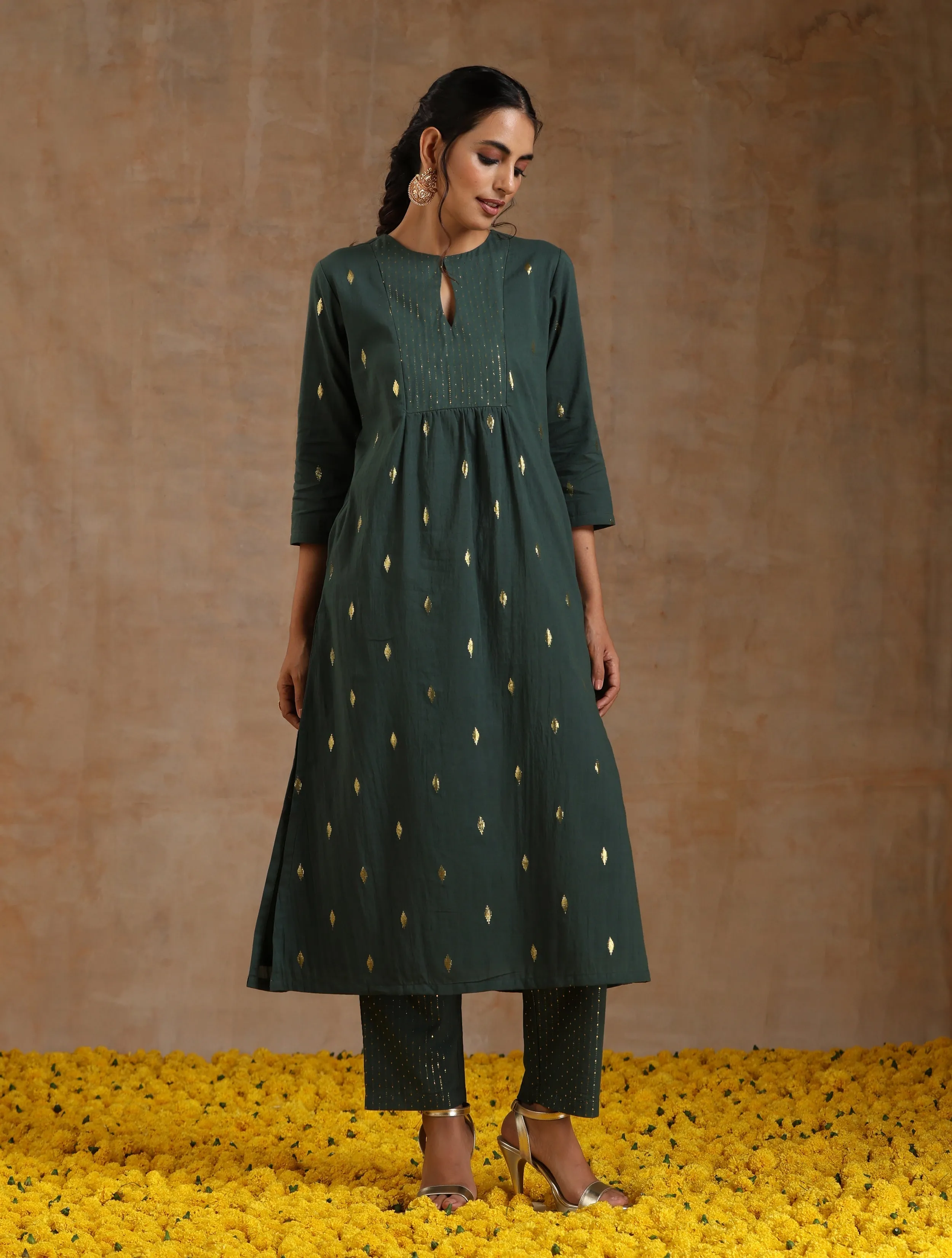 Dark Green Gold Cotton Yoke Kurta Set