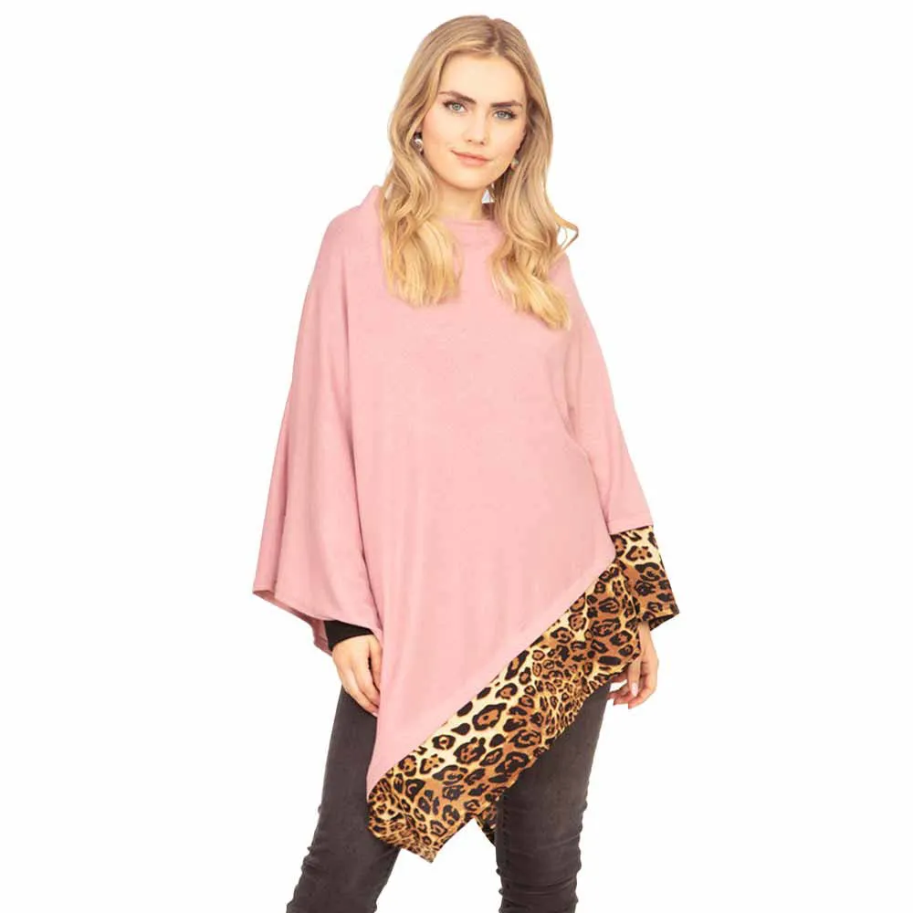 Faux Leopard Trim Solid Poncho Ruana Shawl Cape