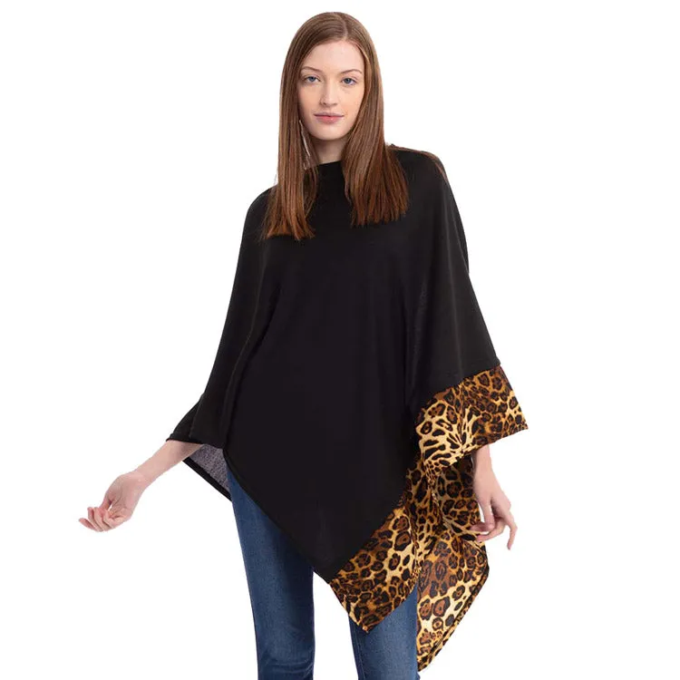 Faux Leopard Trim Solid Poncho Ruana Shawl Cape