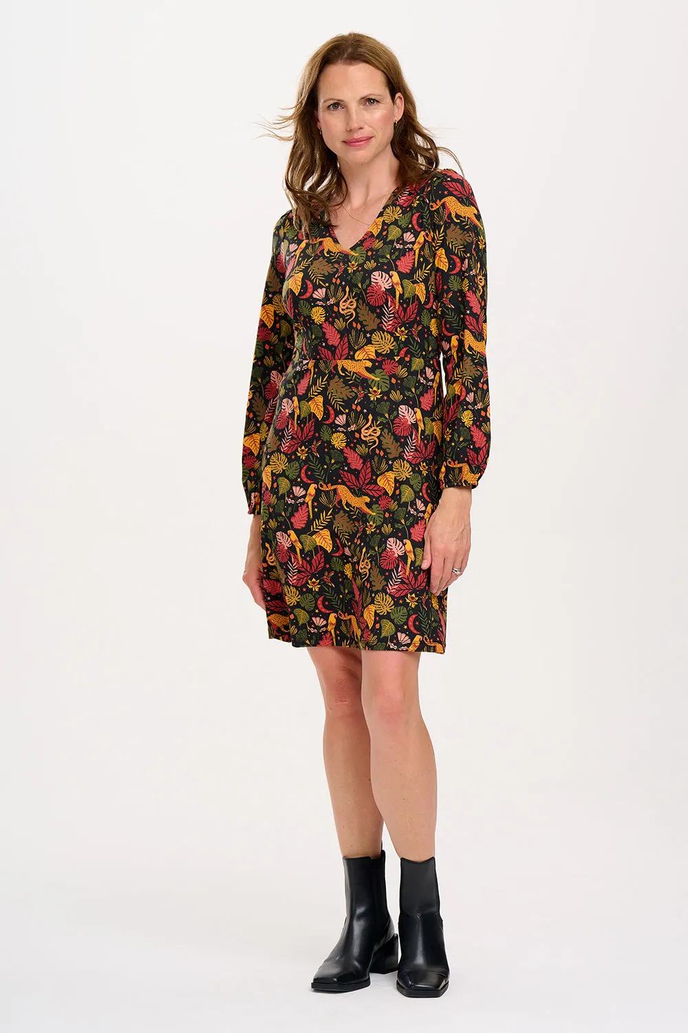 Floriane Mini Jersey Dress - Black, Earth Toned Jungle