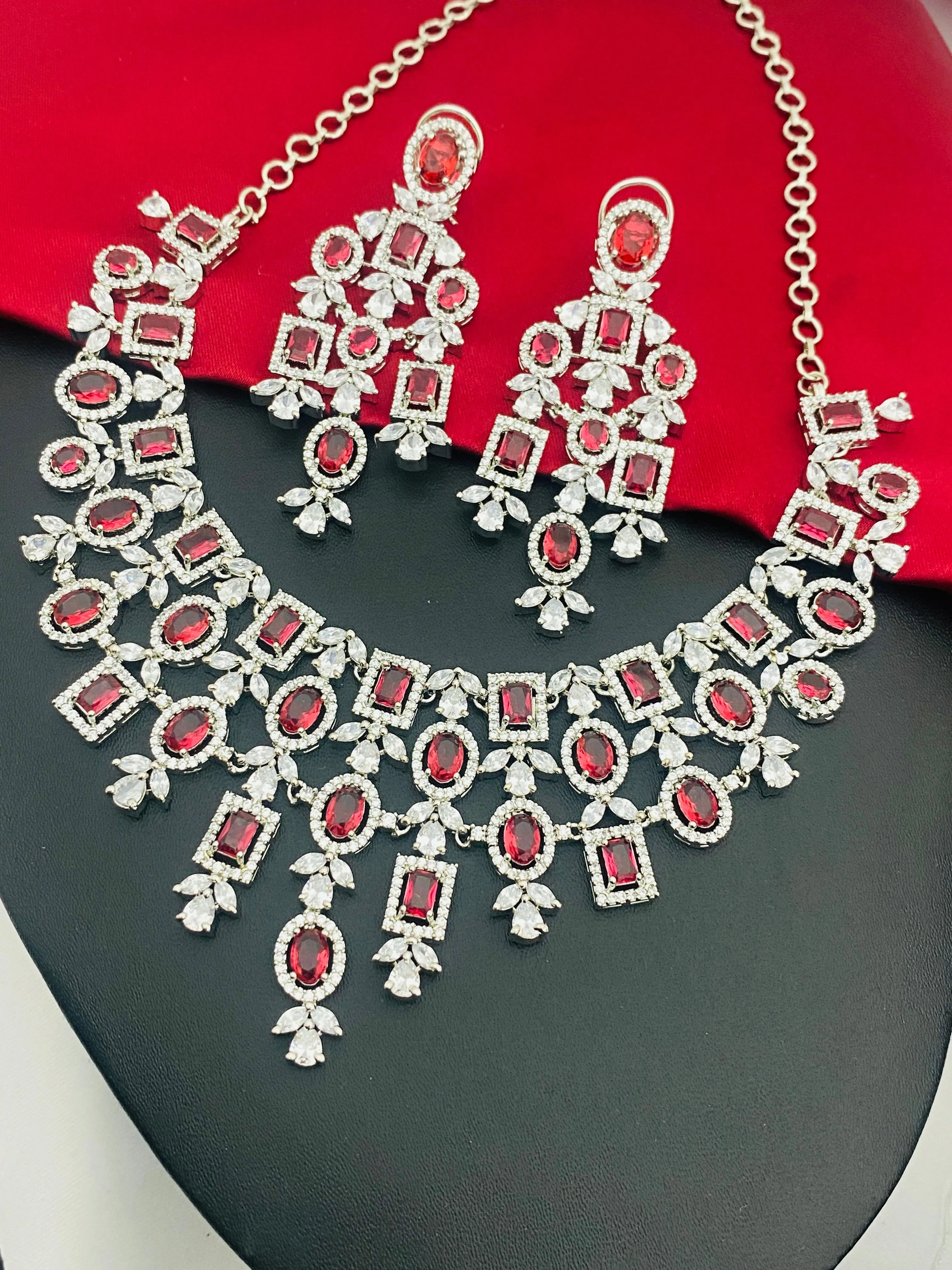 Gorgeous American Diamond Red With Silver Stoned Bridal Wear Necklace Sets