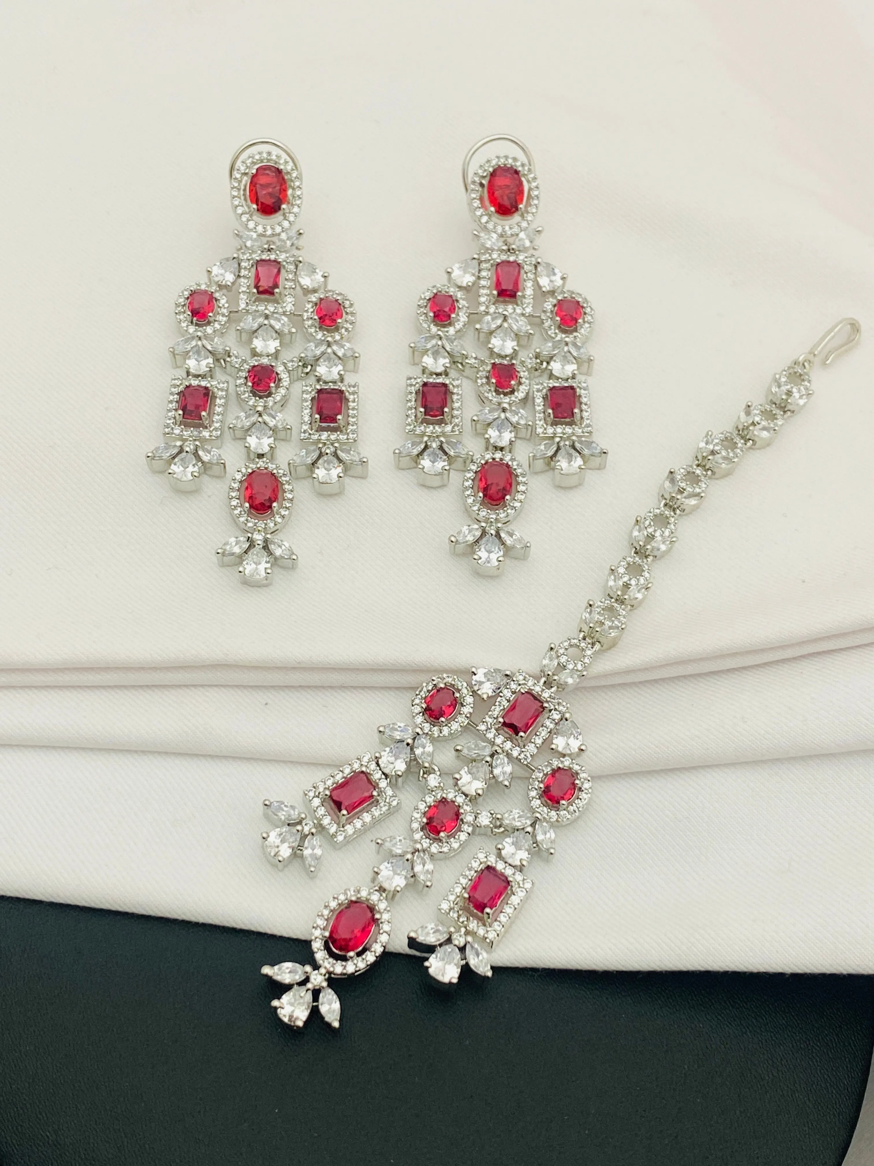 Gorgeous American Diamond Red With Silver Stoned Bridal Wear Necklace Sets