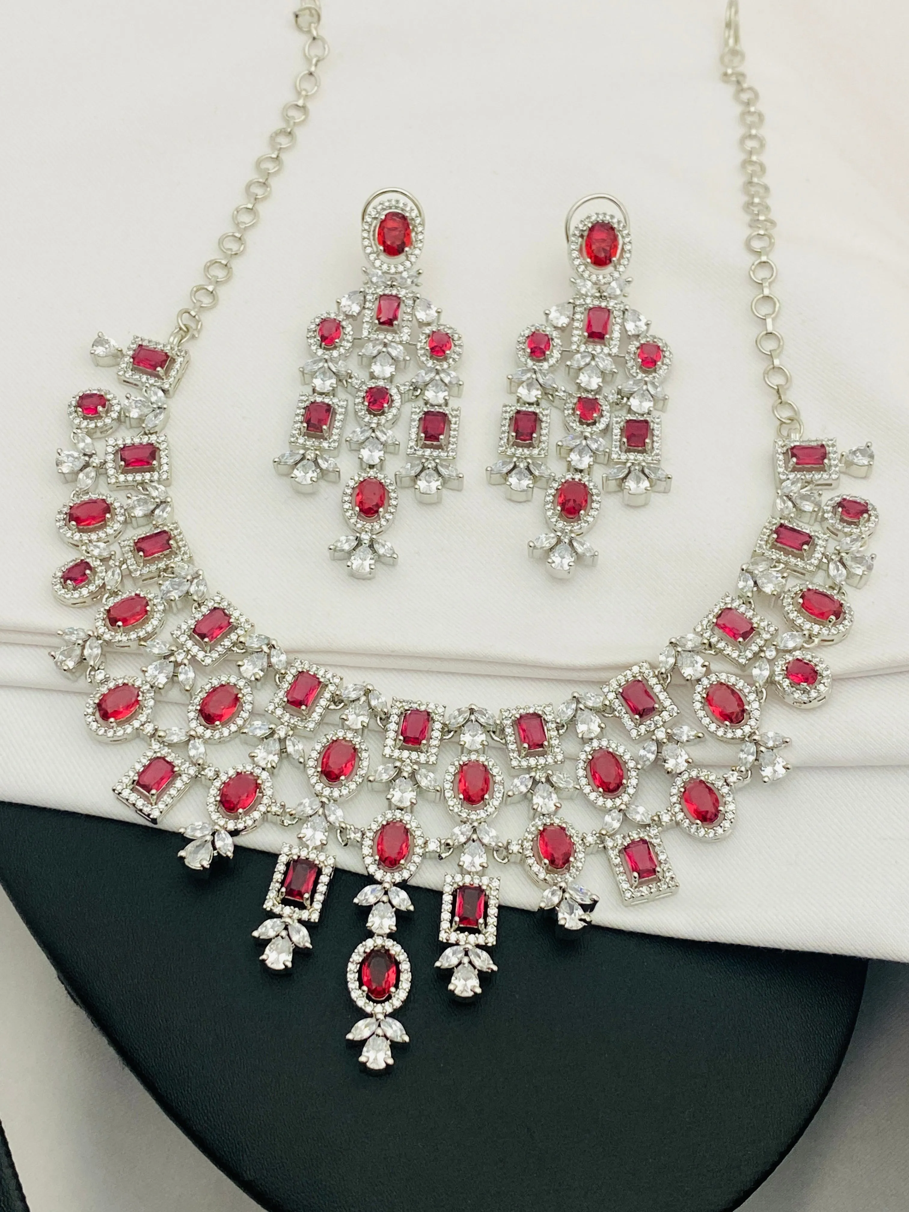 Gorgeous American Diamond Red With Silver Stoned Bridal Wear Necklace Sets