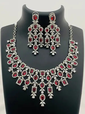 Gorgeous American Diamond Red With Silver Stoned Bridal Wear Necklace Sets