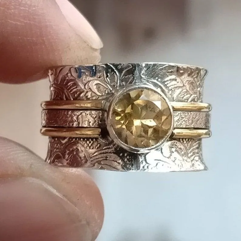 Hand Carved Citrine Silver Spinner Ring - 925 Sterling Silver & Brass Ring - Citrine Spinner Ring - Handmade Ring - Christmas Ring For Gift