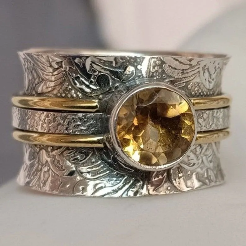 Hand Carved Citrine Silver Spinner Ring - 925 Sterling Silver & Brass Ring - Citrine Spinner Ring - Handmade Ring - Christmas Ring For Gift