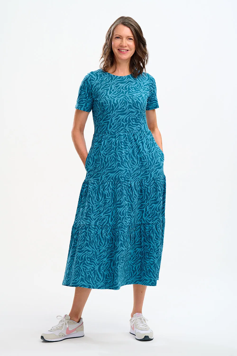 Hilary Jersey Midi Smock Dress - Teal, Wild Animal