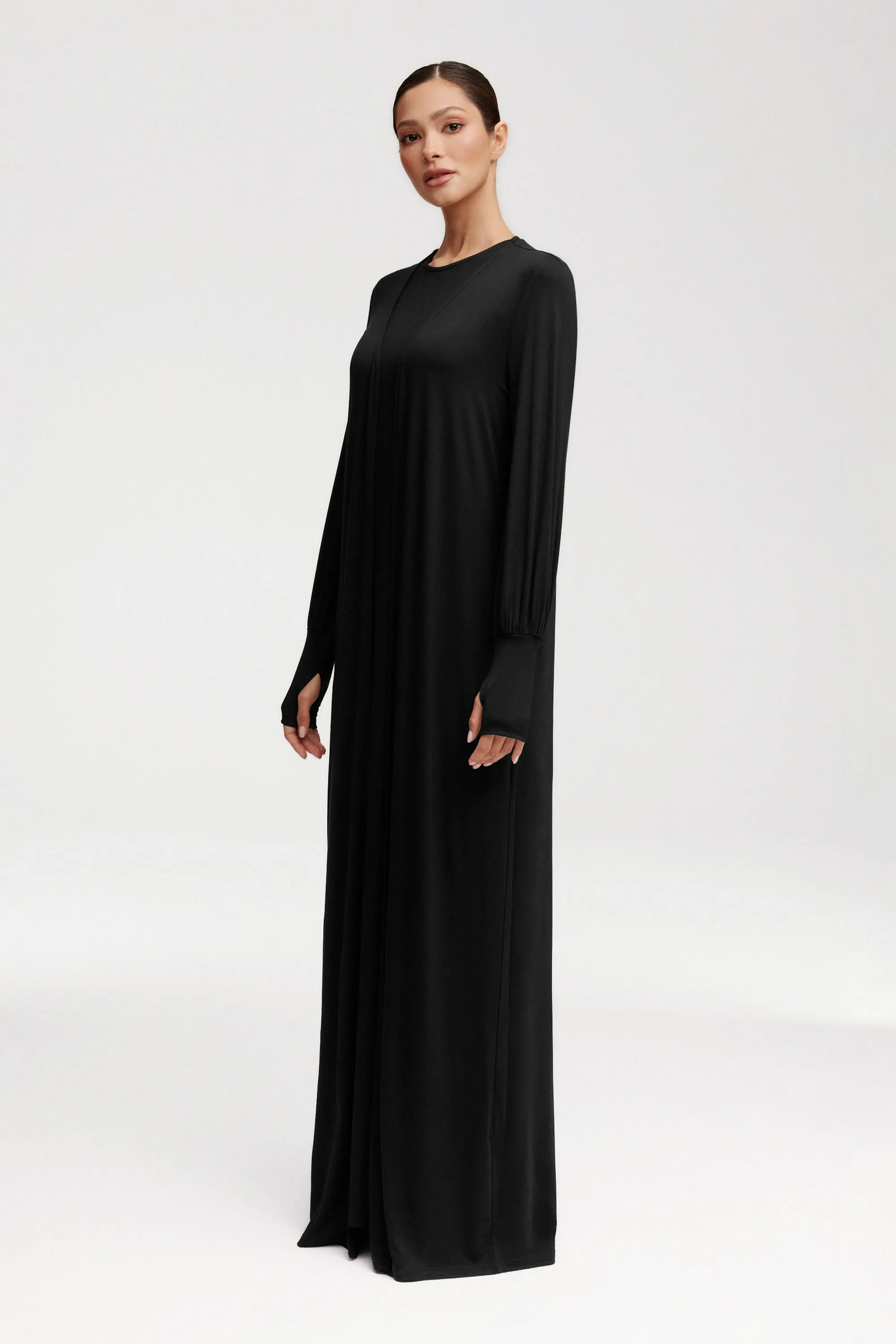 Jenin Jersey Open Abaya & Maxi Dress Set - Black