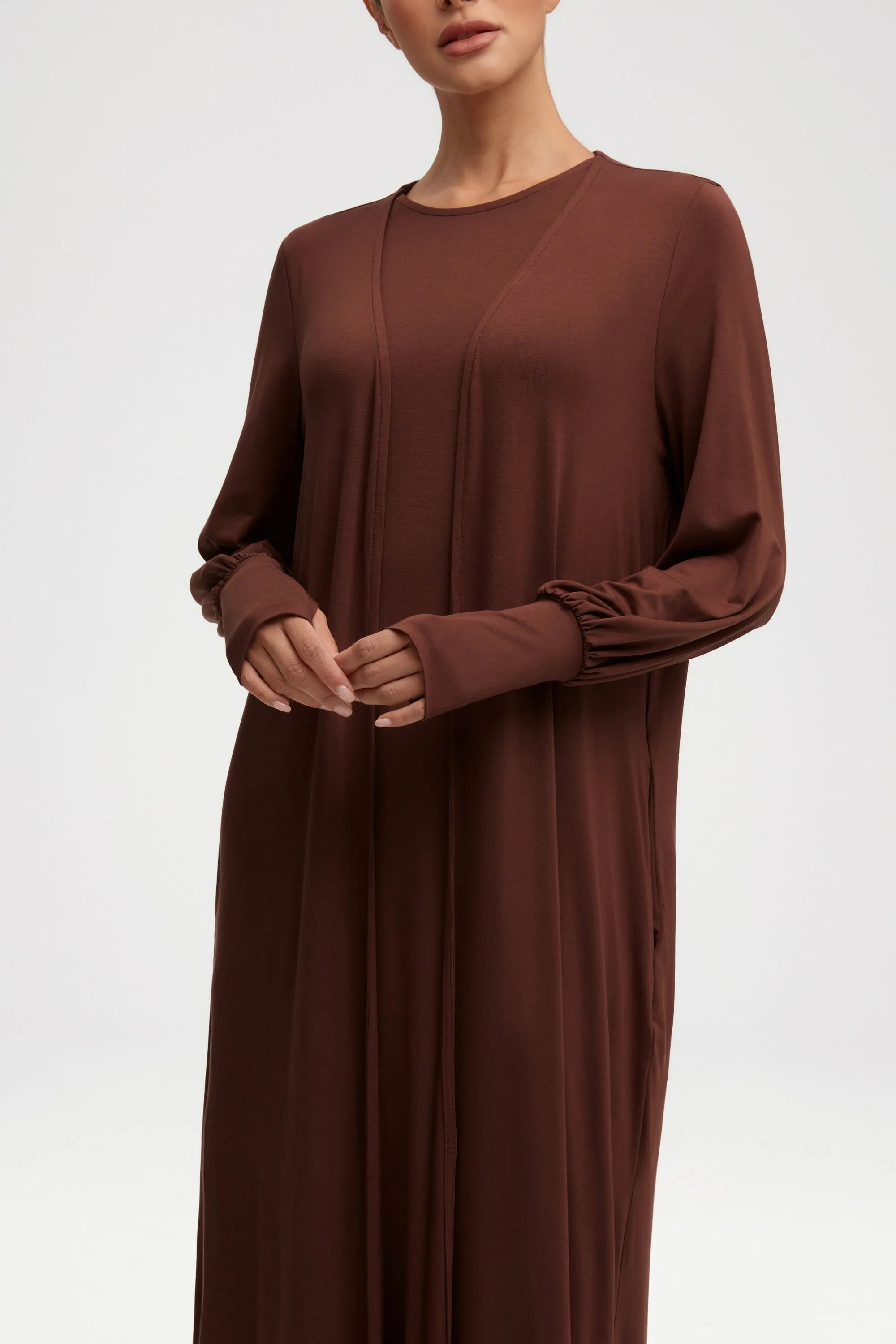 Jenin Jersey Open Abaya & Maxi Dress Set - Chocolate