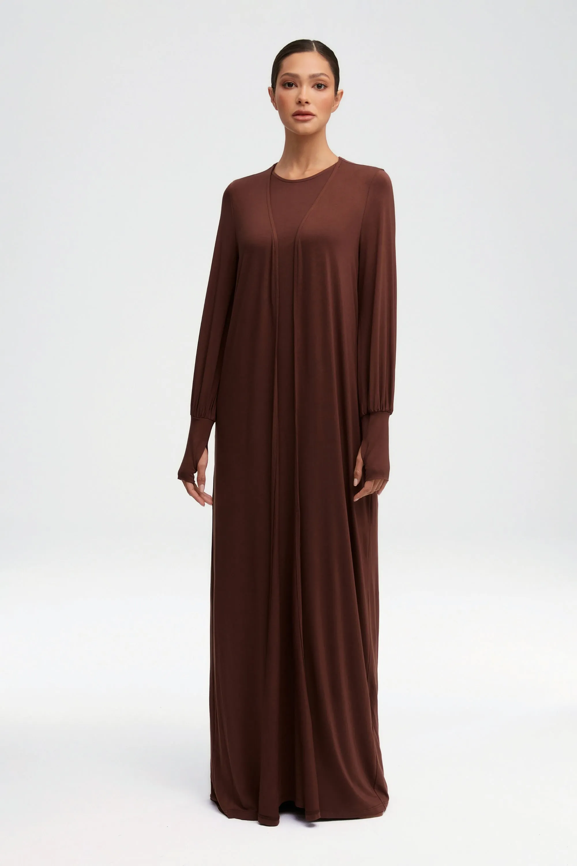 Jenin Jersey Open Abaya & Maxi Dress Set - Chocolate