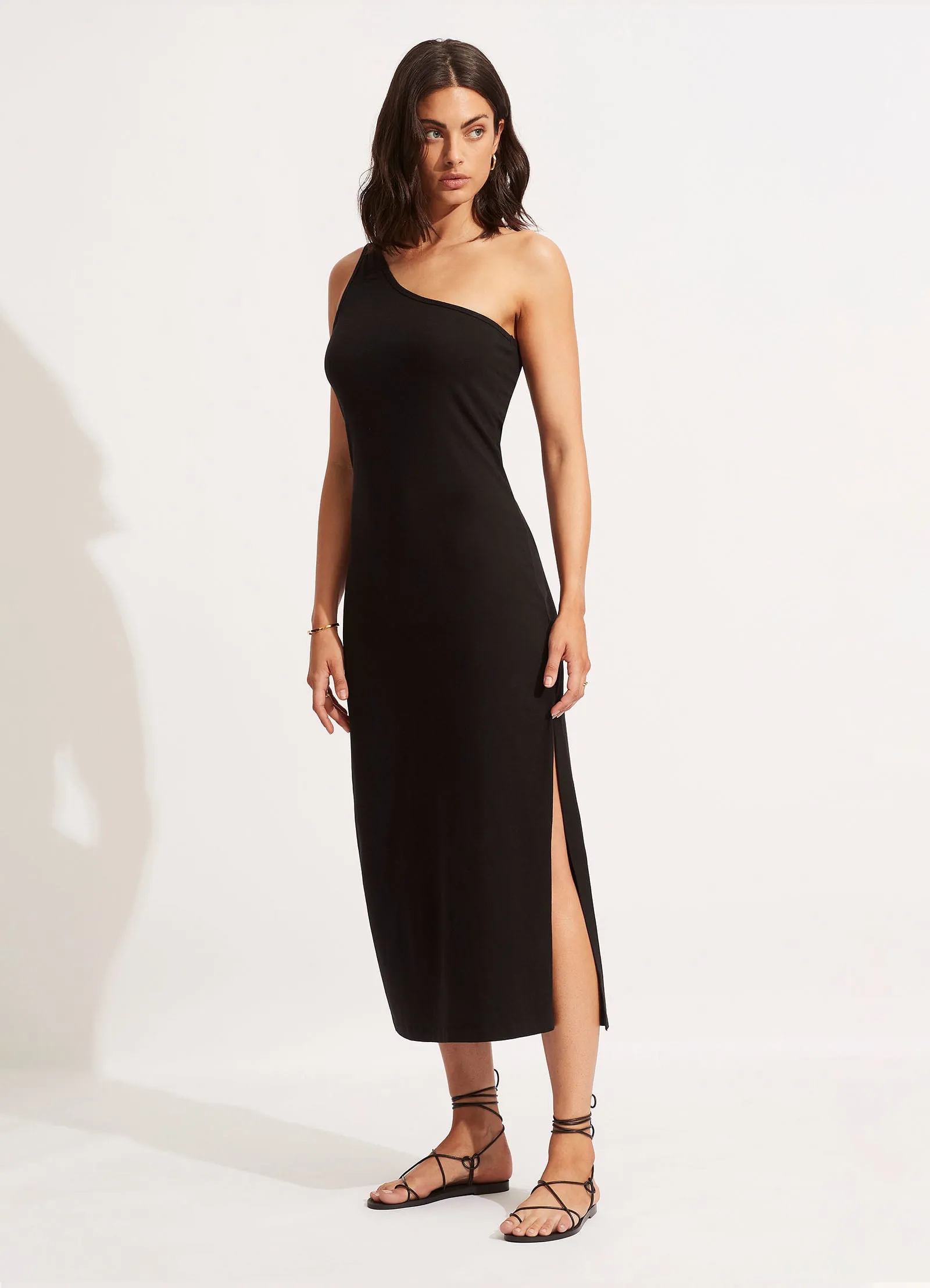 Jersey One Shoulder Midi Dress - Black