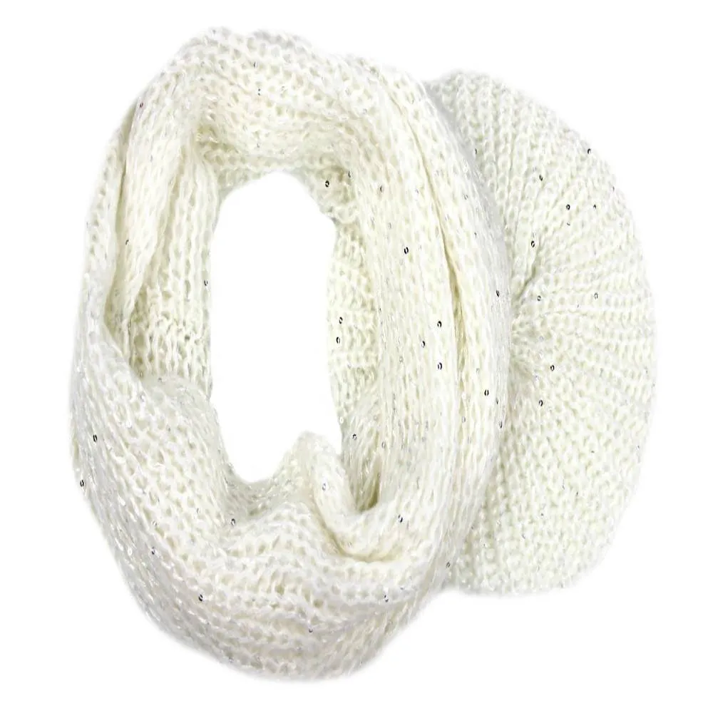 Knit Scarf & Beret Set With Sequins-Ivory