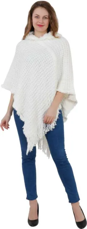 Manra Women Pure Wool Knitted Cape Poncho in White Colour