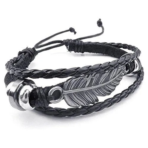 Men Women Leather Bracelet, 7-9 inch Adjustable Feather Bangle, Black Silver